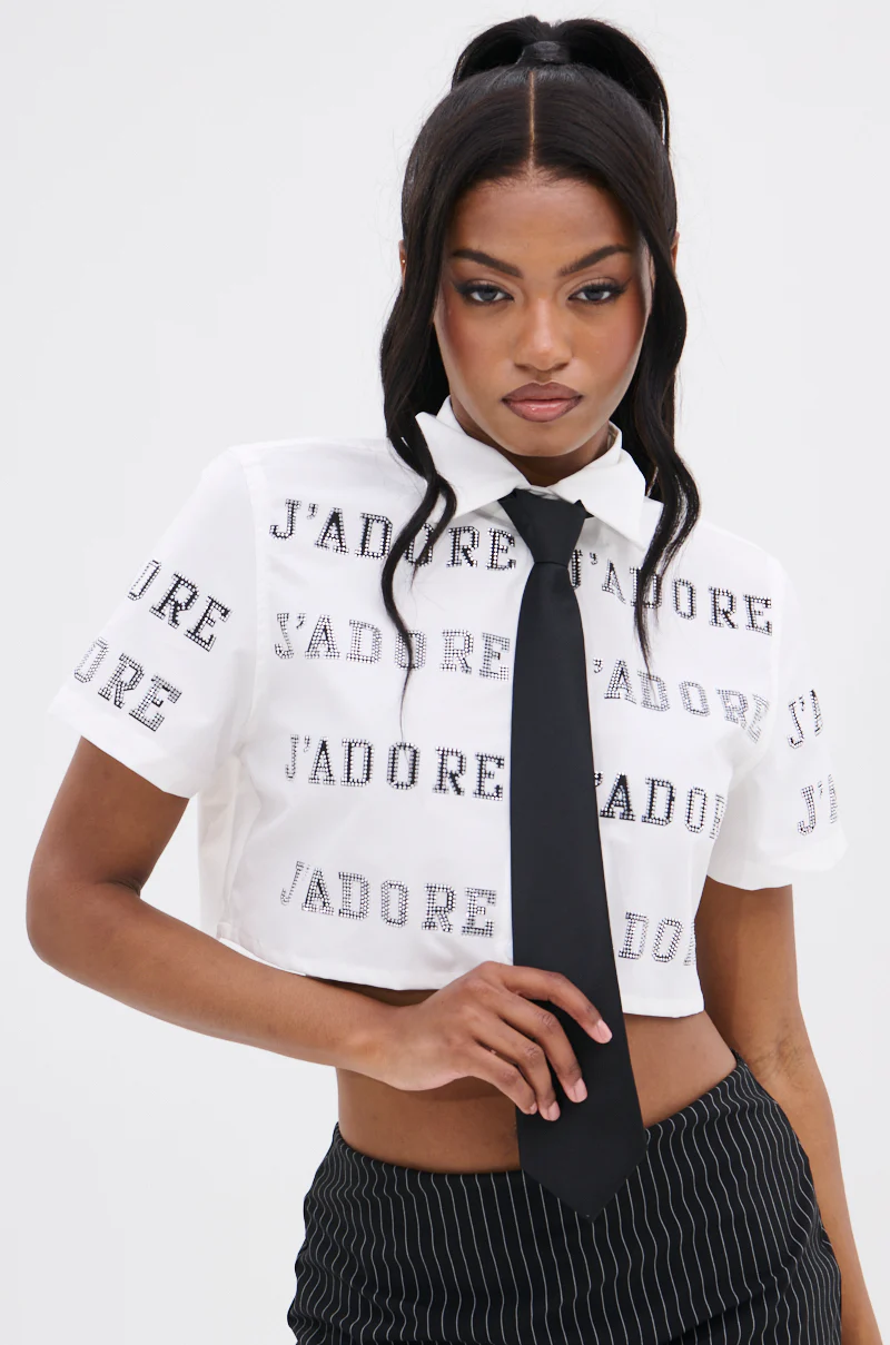 J'ADORE RHINESTONE CROPPED BUTTON DOWN - Image 3