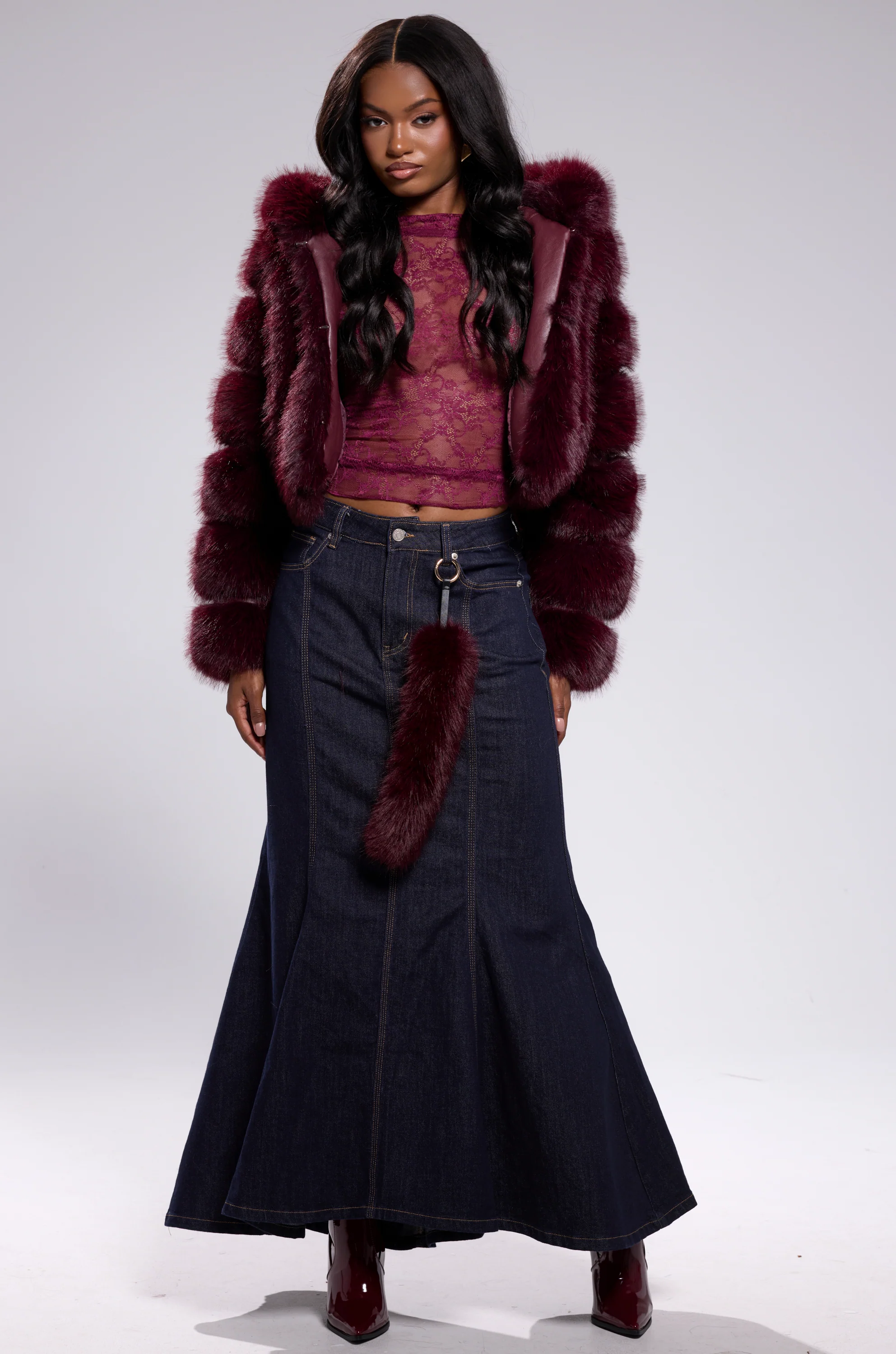 JOLENE FAUX FUR COAT IN BURGUNDY - Image 10