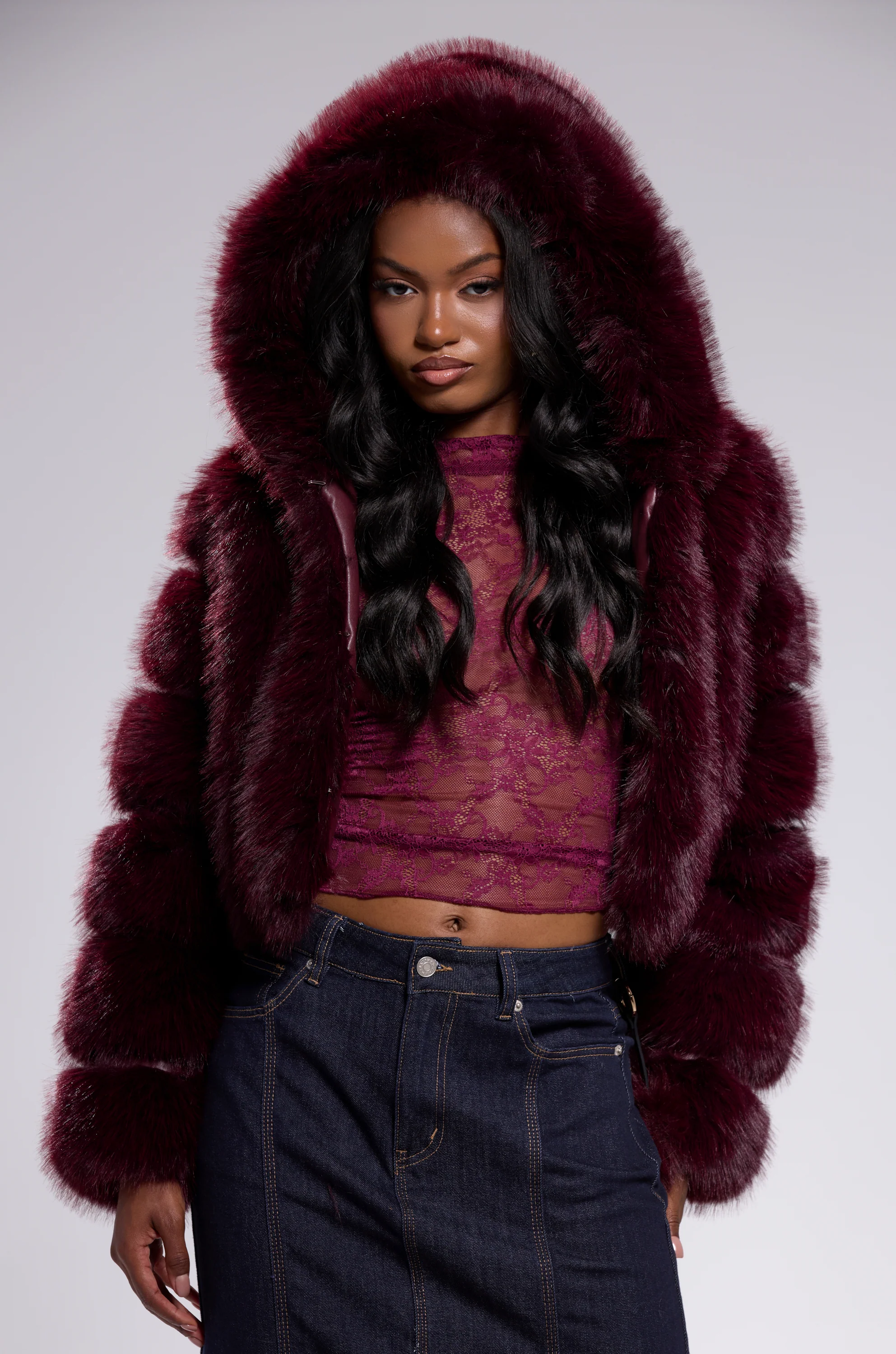 JOLENE FAUX FUR COAT IN BURGUNDY - Image 5