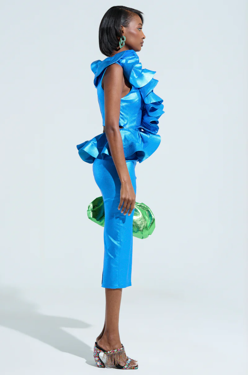 JULIANA METALLIC PEPLUM MIDI DRESS IN BLUE - Image 4
