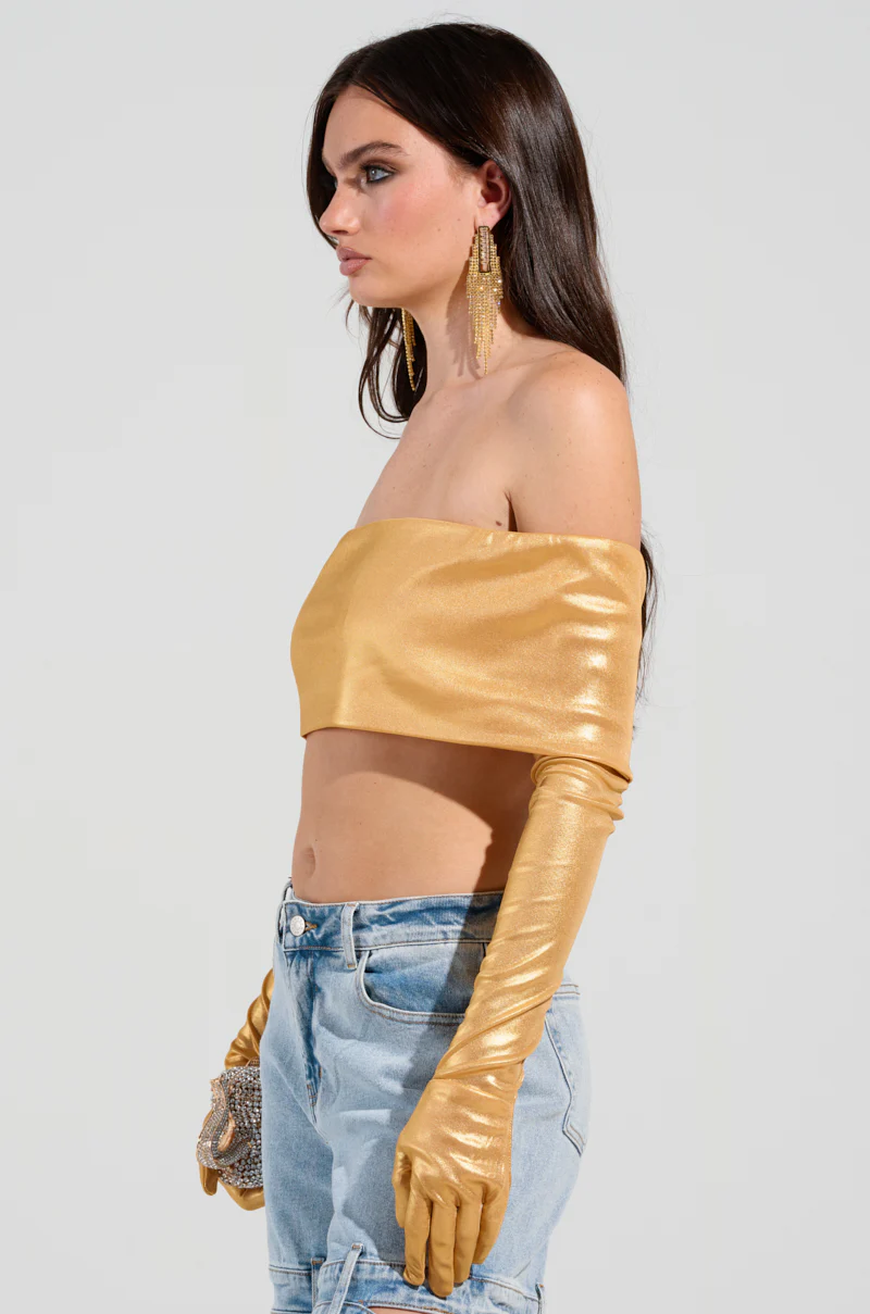 JUST LIKE MAGIC SLINKY OFF THE SHOULDER GLOVED TOP IN GOLD - Image 3