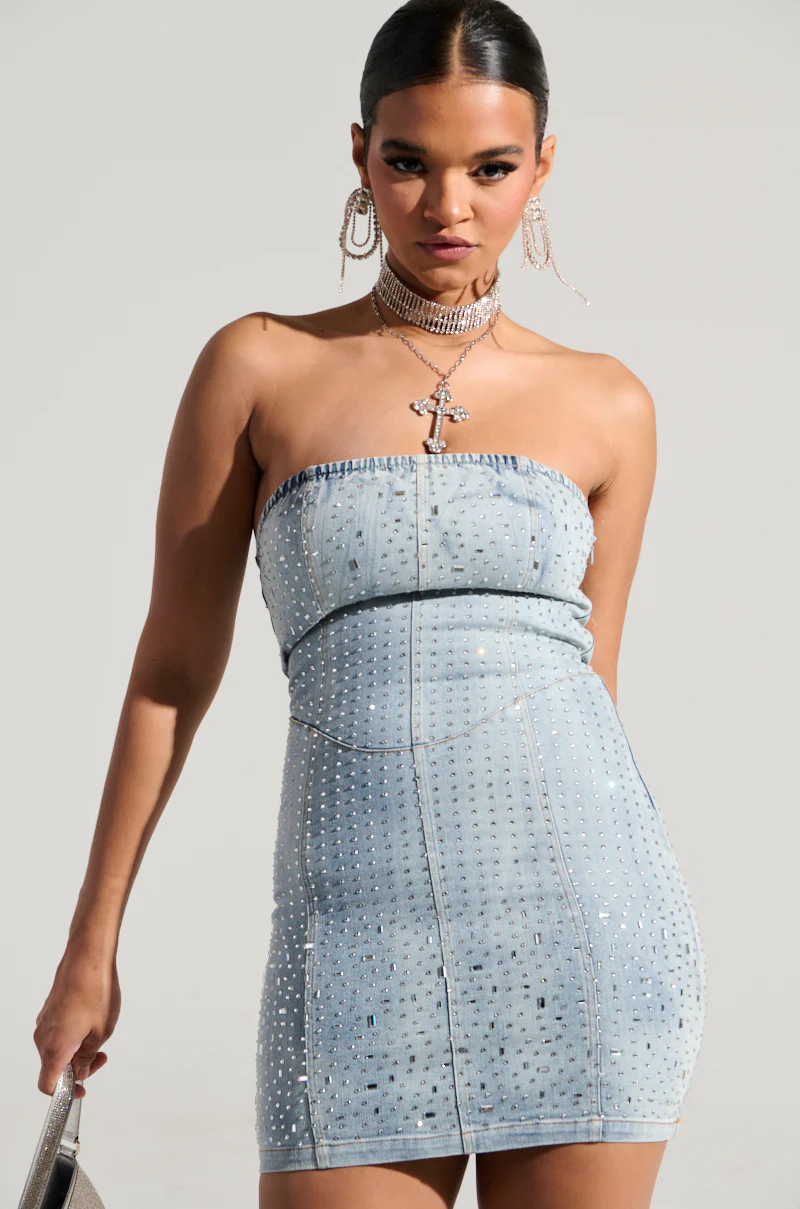 JUST WANNA ROCK DENIM RHINESTONE MINI DRESS - Image 3
