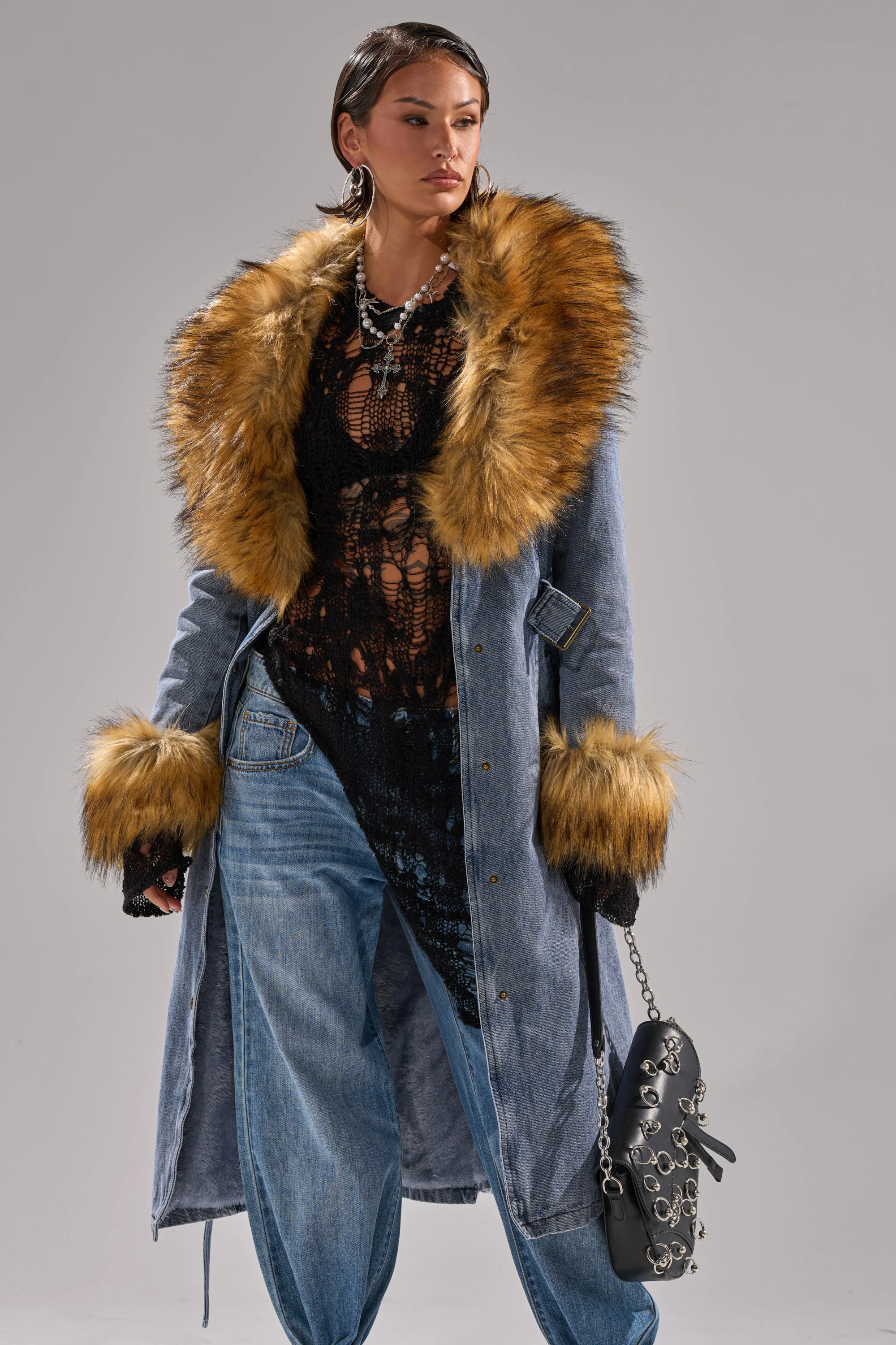 KAYA FUR TRIM DENIM TRENCH - Image 3