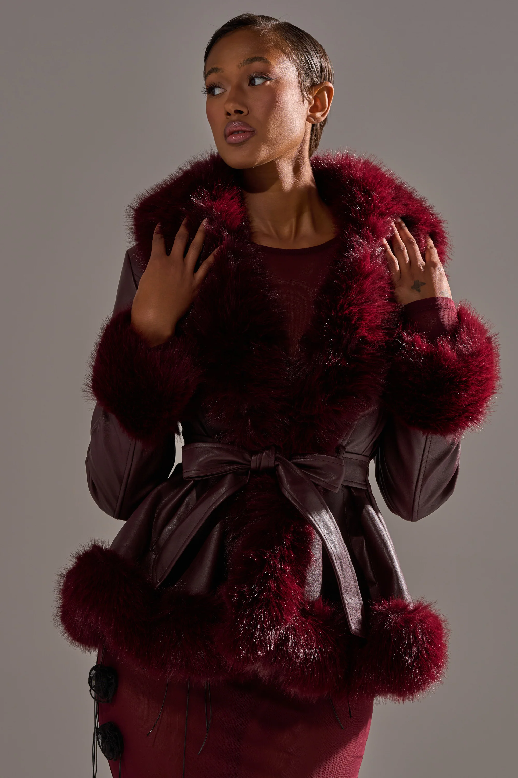 KENZY FUR TRIM MOTO IN BURGUNDY - Image 3