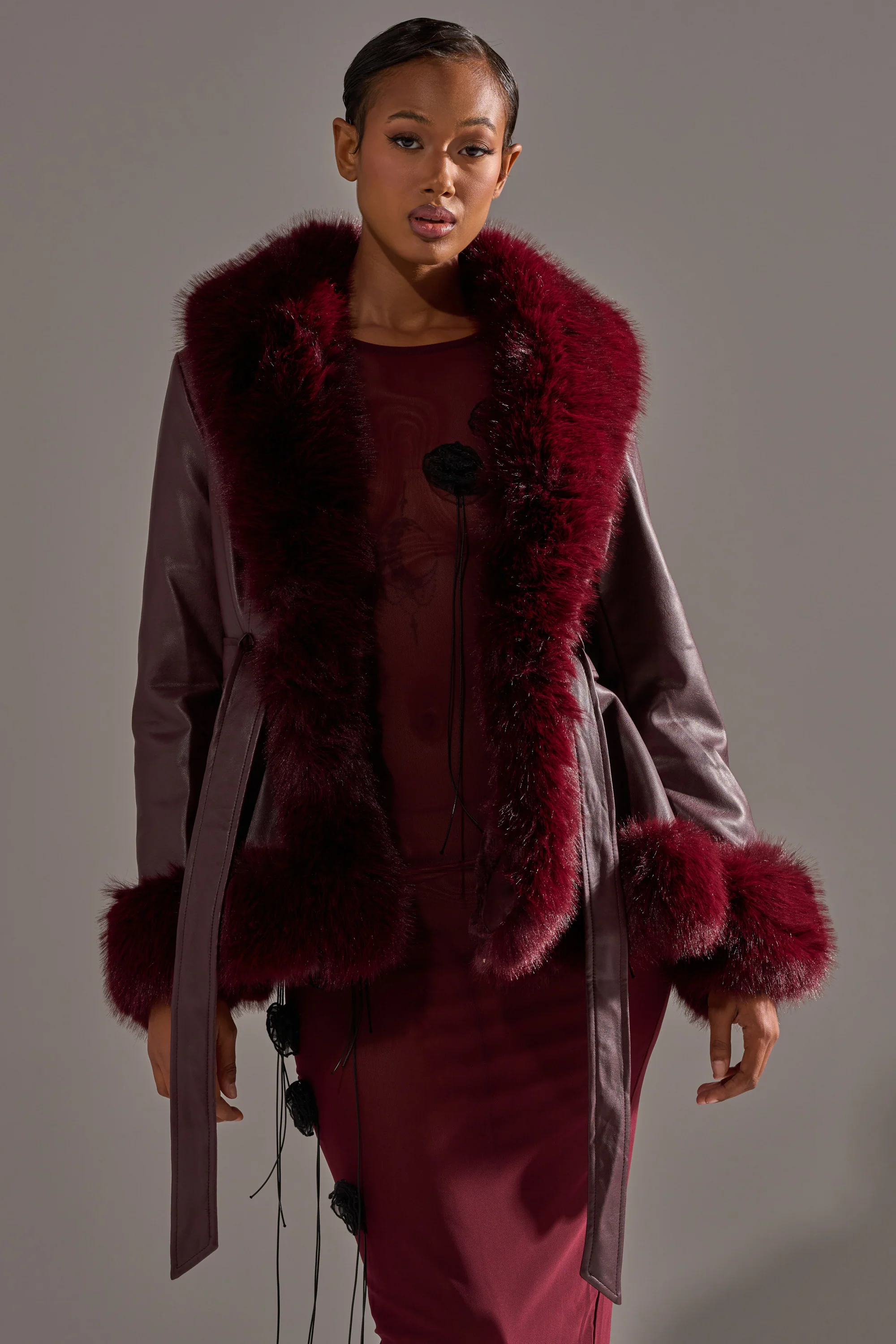 KENZY FUR TRIM MOTO IN BURGUNDY - Image 4