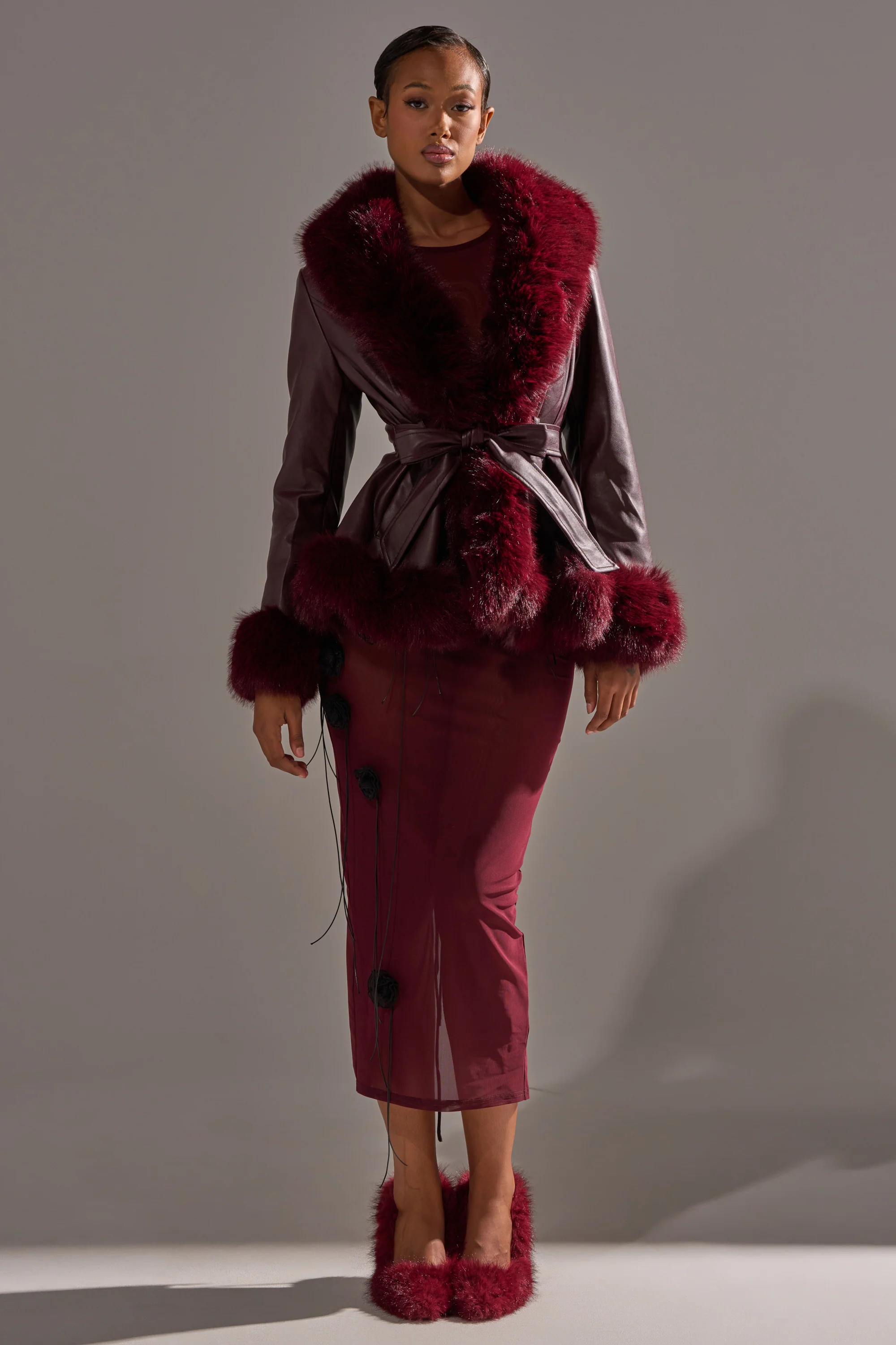 KENZY FUR TRIM MOTO IN BURGUNDY - Image 7