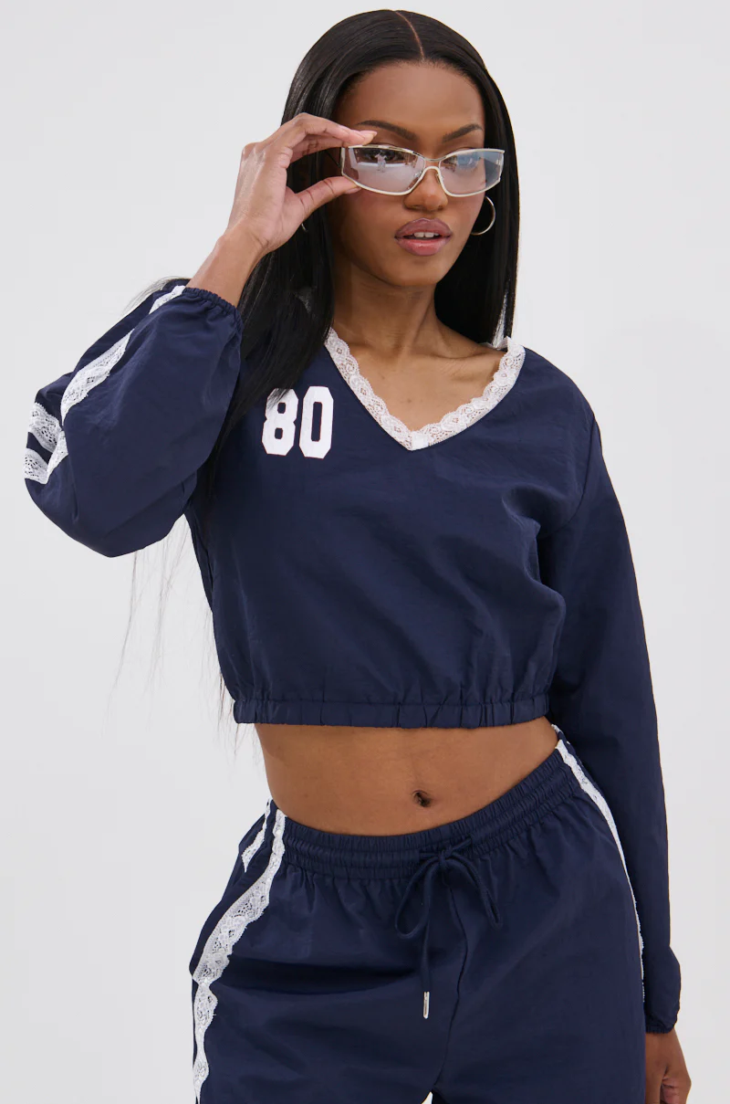 LACE TRIM NYLON CROPPED SWEATSHIRT - Image 2