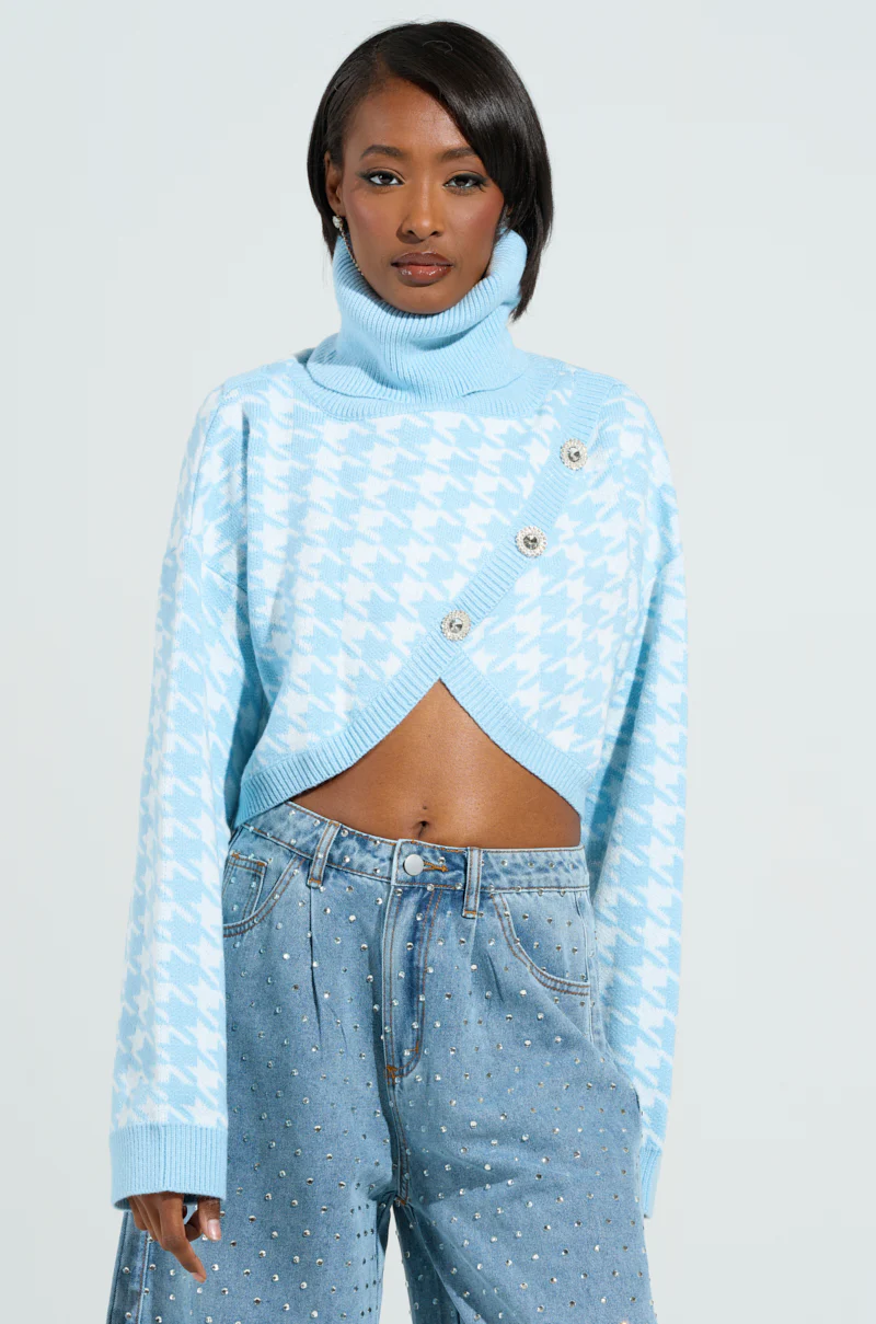 LALA HOUNDSTOOTH PRINT TURTLENECK SWEATER IN BLUE - Image 2
