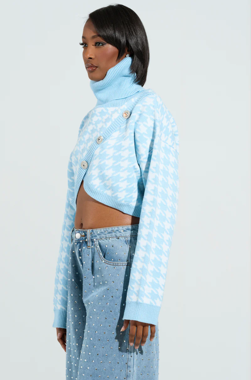 LALA HOUNDSTOOTH PRINT TURTLENECK SWEATER IN BLUE - Image 3