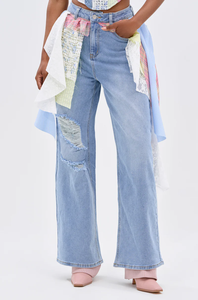 LET THE FUN BEGIN DENIM PANT WITH PLAID DETAILS - Image 3