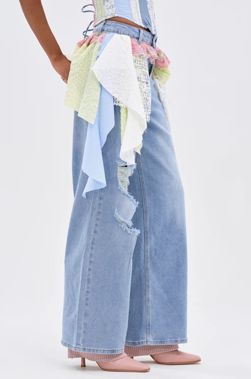 LET THE FUN BEGIN DENIM PANT WITH PLAID DETAILS - Image 5