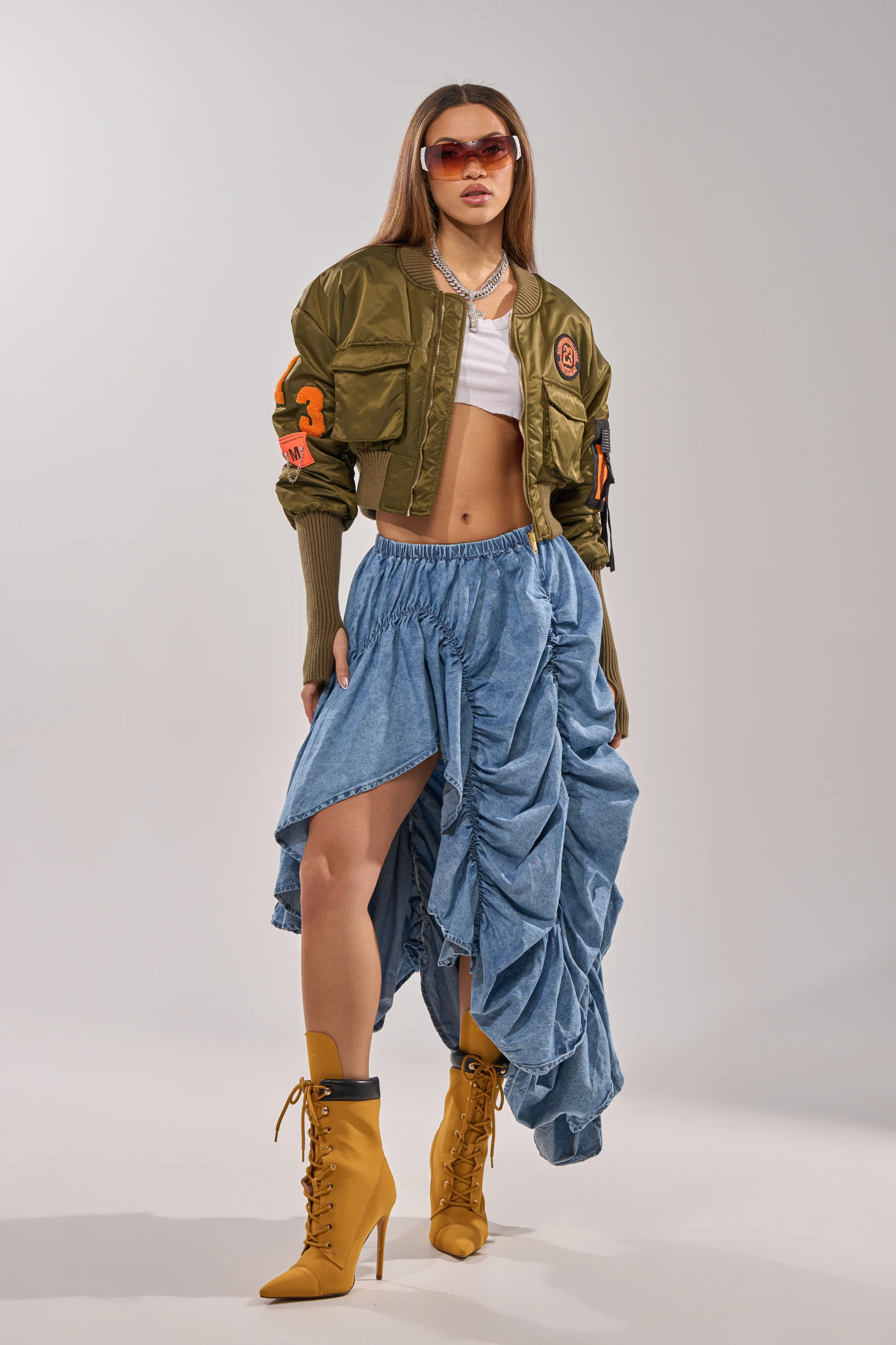 LETS CHANGE IT UP RUCHED MIDI SKIRT IN CHAMBRAY - Image 8