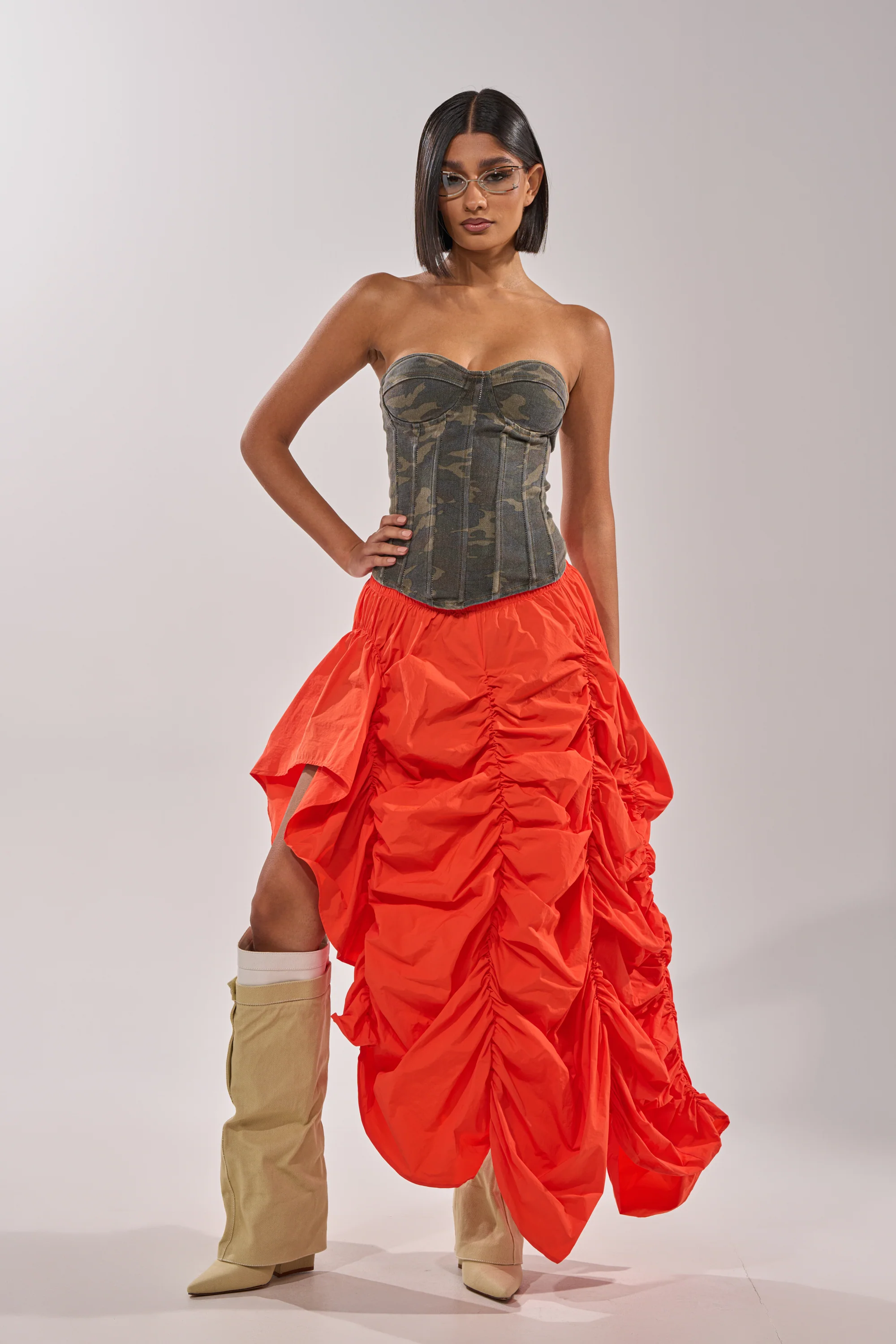 LETS CHANGE IT UP RUCHED MIDI SKIRT IN ORANGE - Image 2