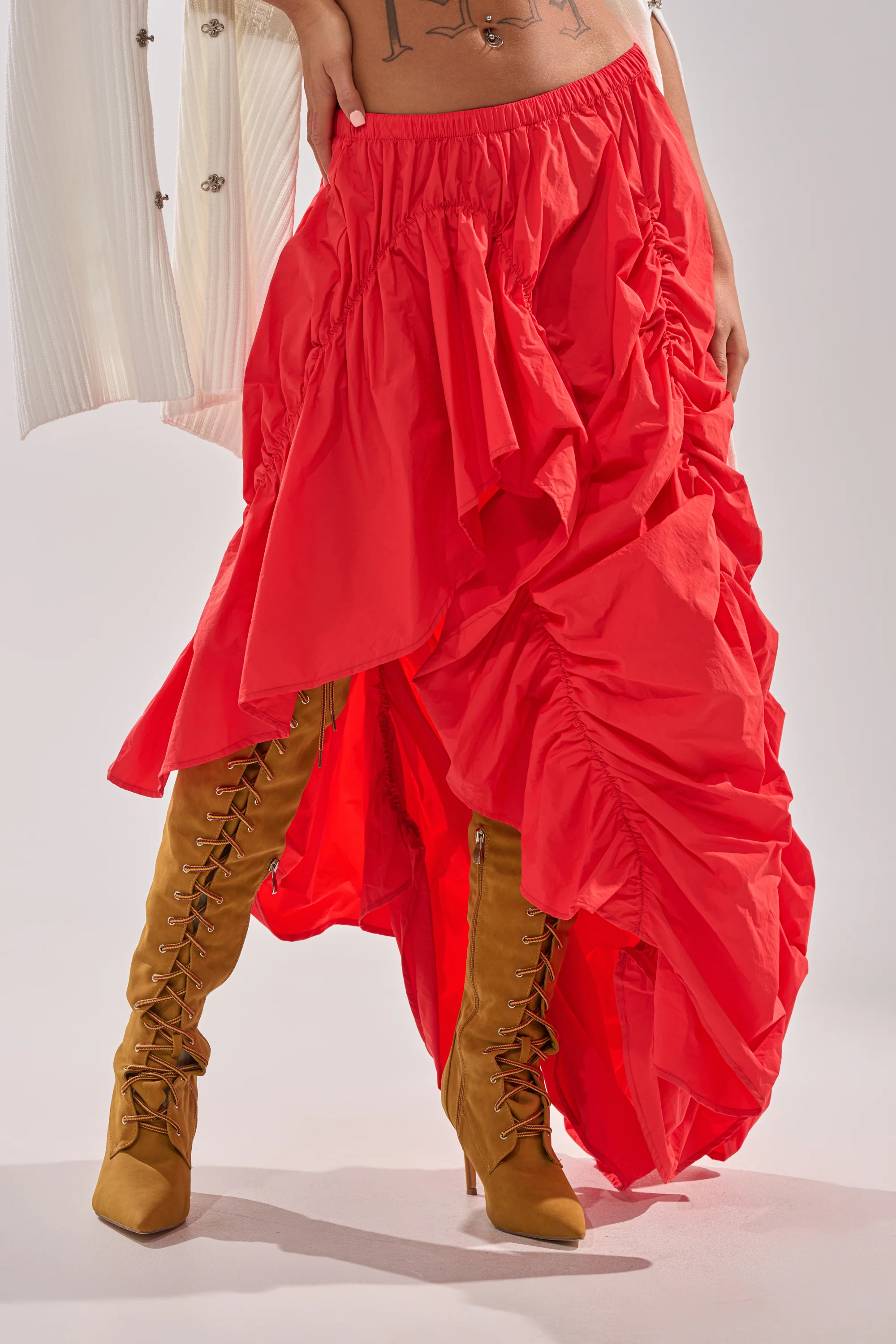 LETS CHANGE IT UP RUCHED MIDI SKIRT IN RED - Image 2