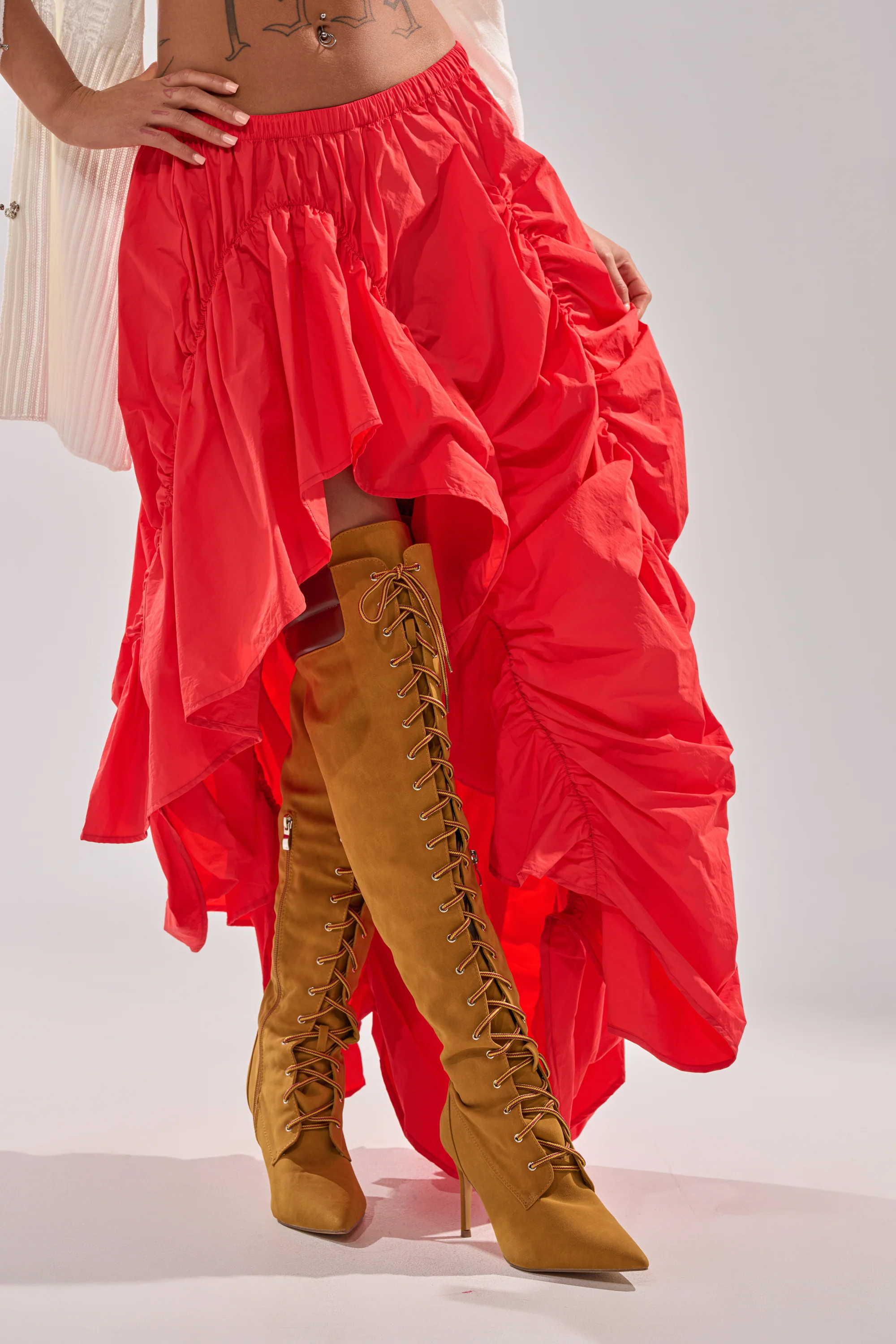 LETS CHANGE IT UP RUCHED MIDI SKIRT IN RED - Image 3