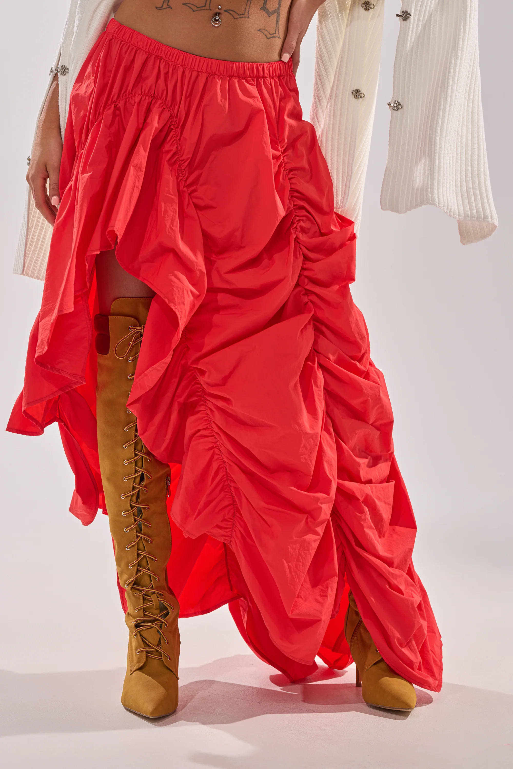LETS CHANGE IT UP RUCHED MIDI SKIRT IN RED - Image 4
