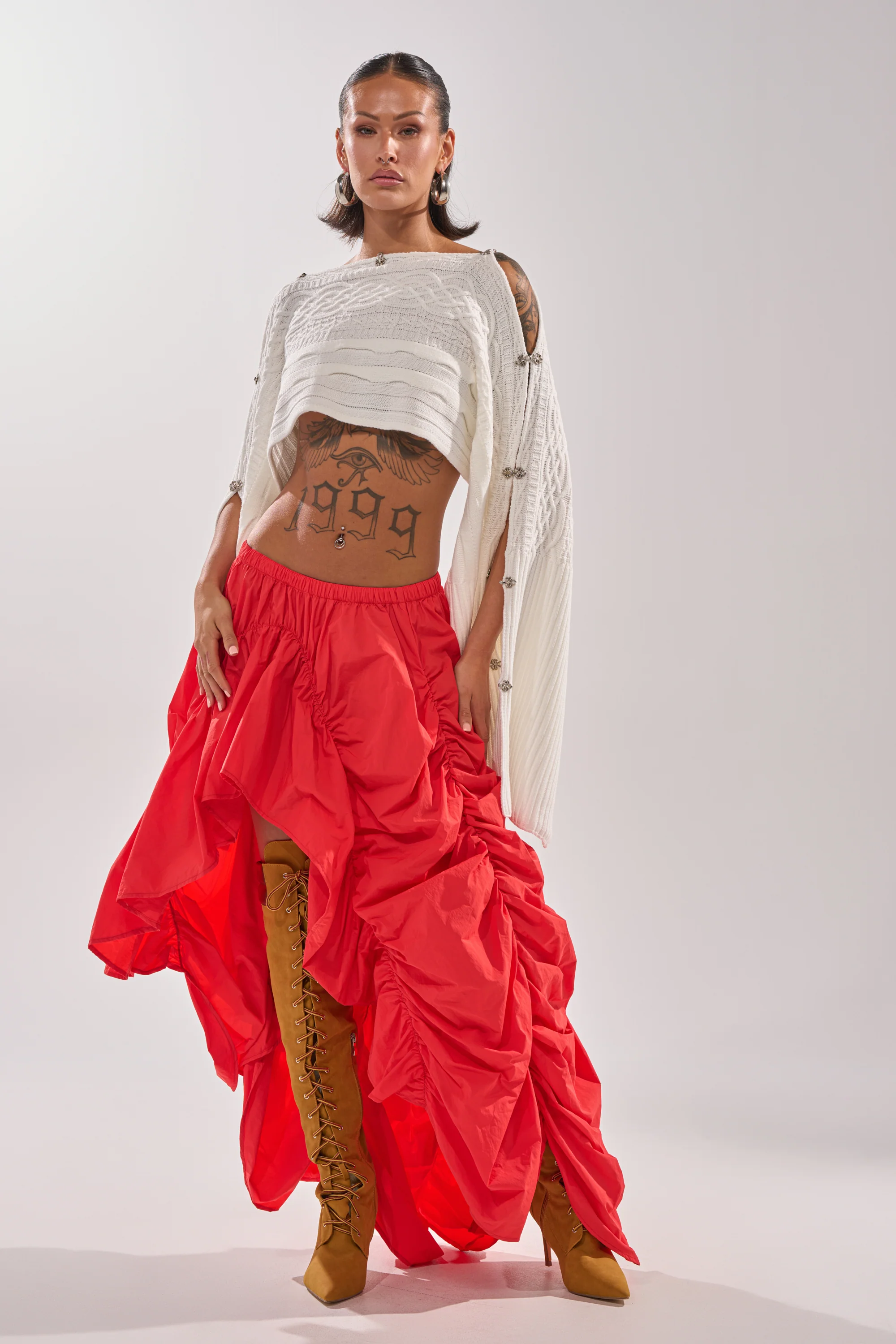 LETS CHANGE IT UP RUCHED MIDI SKIRT IN RED - Image 8