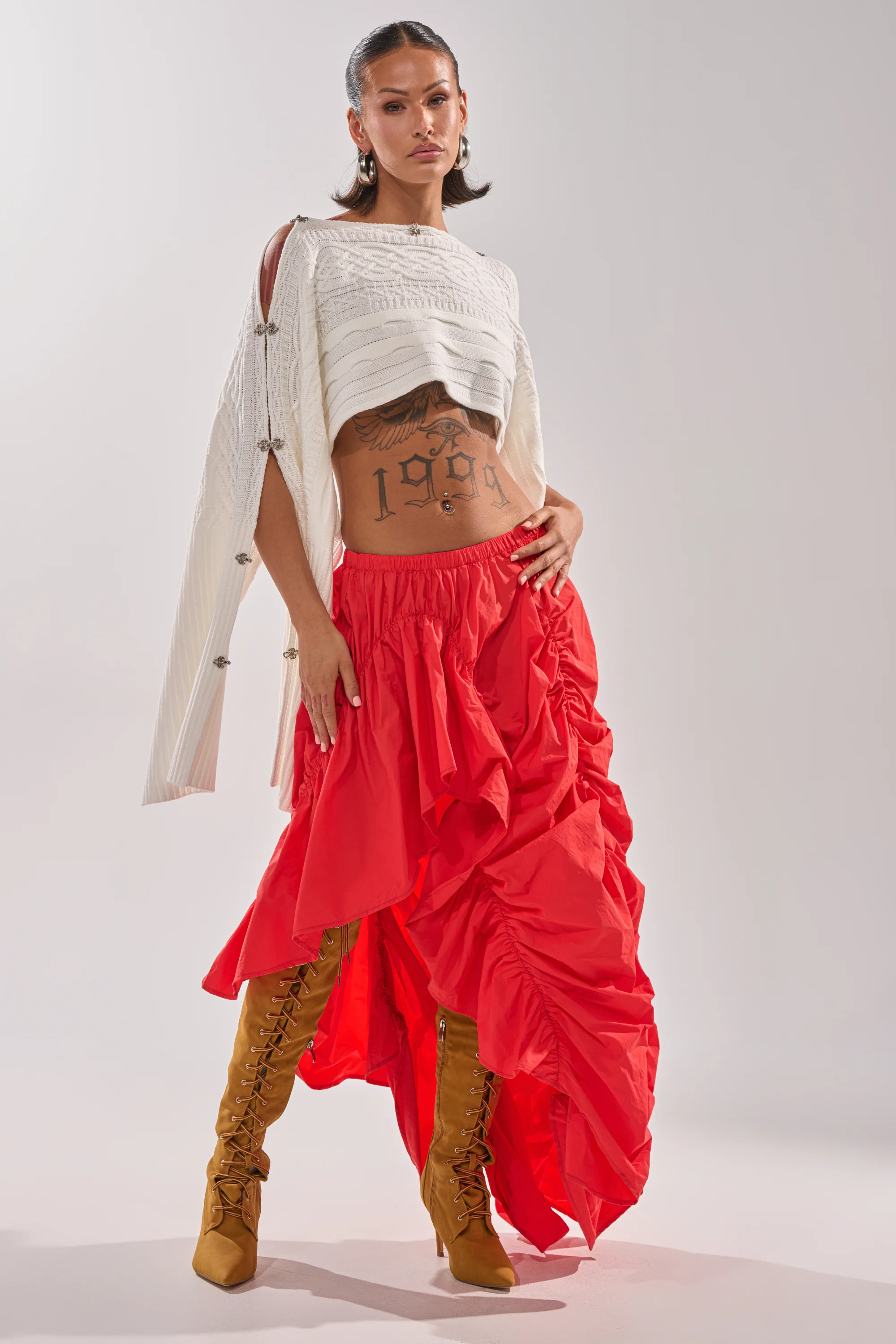 LETS CHANGE IT UP RUCHED MIDI SKIRT IN RED - Image 9