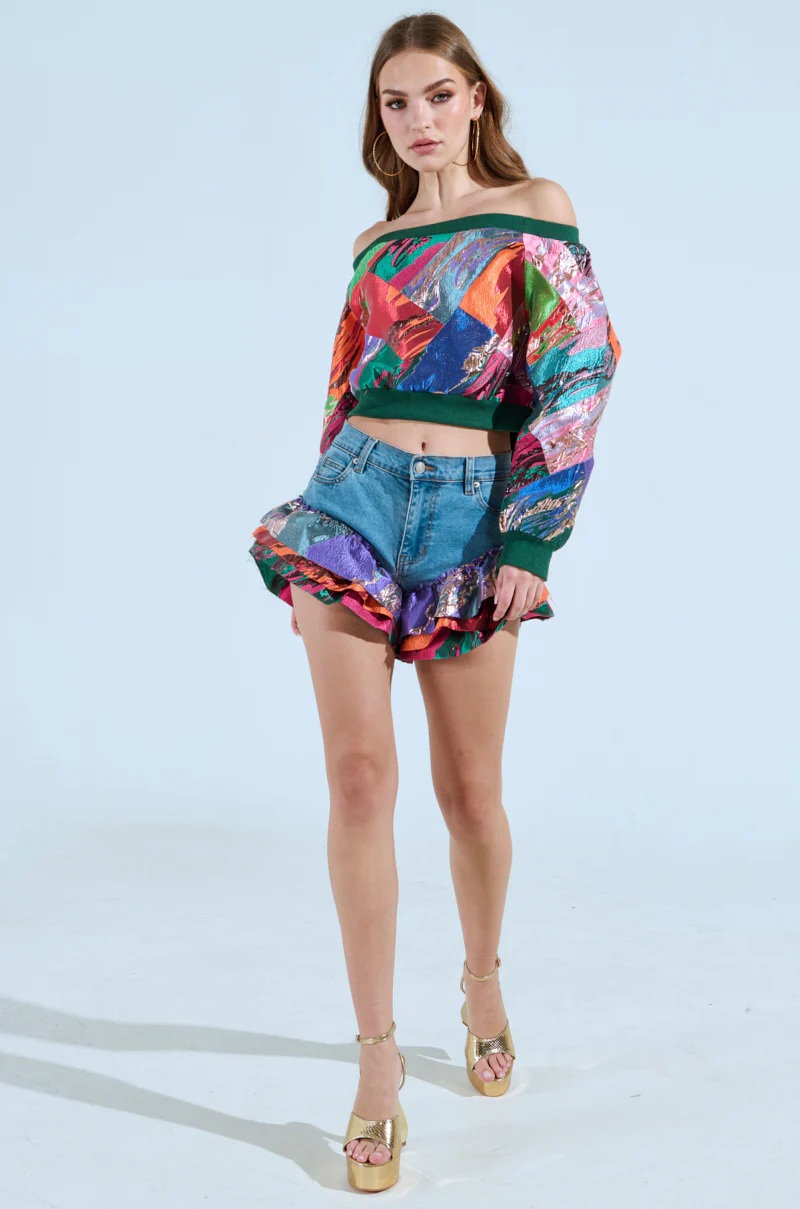 LIFE IS BUT A DREAM BROCADE RUFFLE MULTI PRINT DENIM SHORTS - Image 5