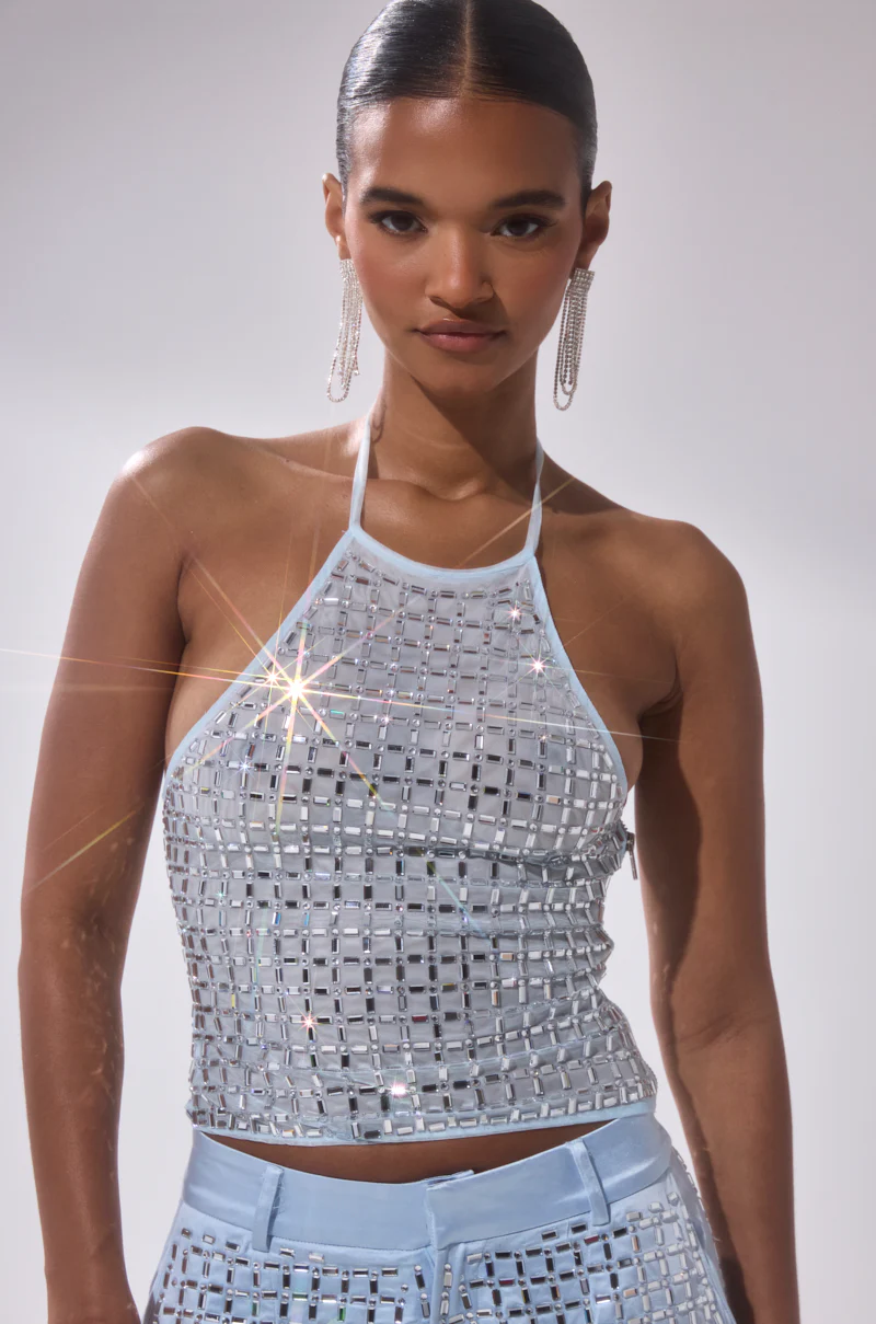 LILA EMBELLISHED MOCK NECK MESH TOP
