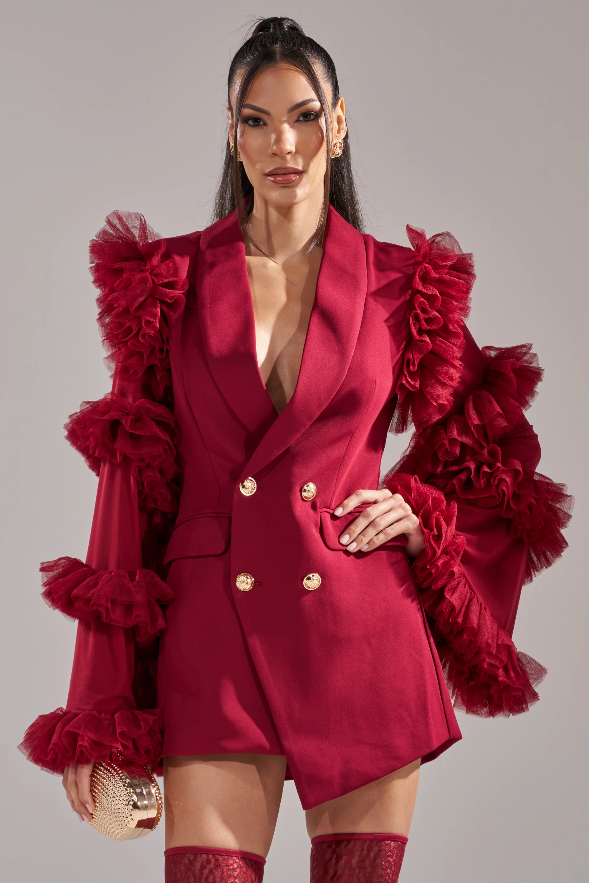 LIVING OVER THE TOP RUFFLE SLEEVE BLAZER MINI DRESS IN BURGUNDY - Image 2