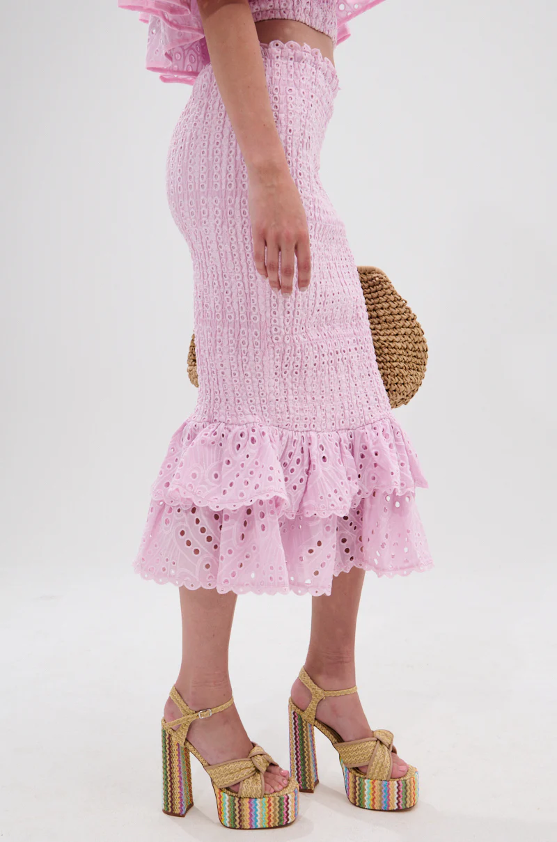 LOLLI EYELET MIDI SKIRT IN PINK - Image 3