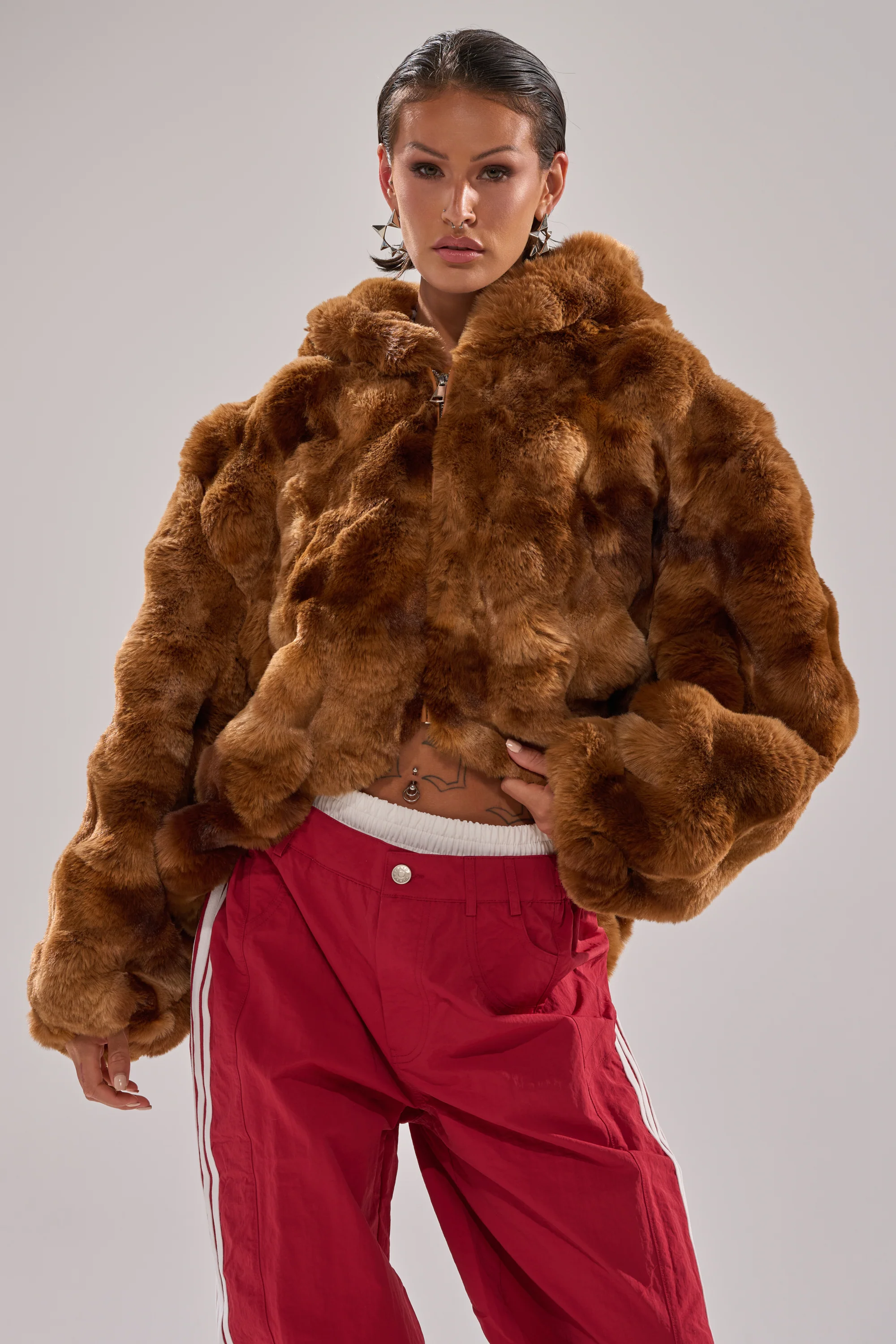 LOOK AT ME NOW HOODED FUR BOMBER IN BROWN - Image 3