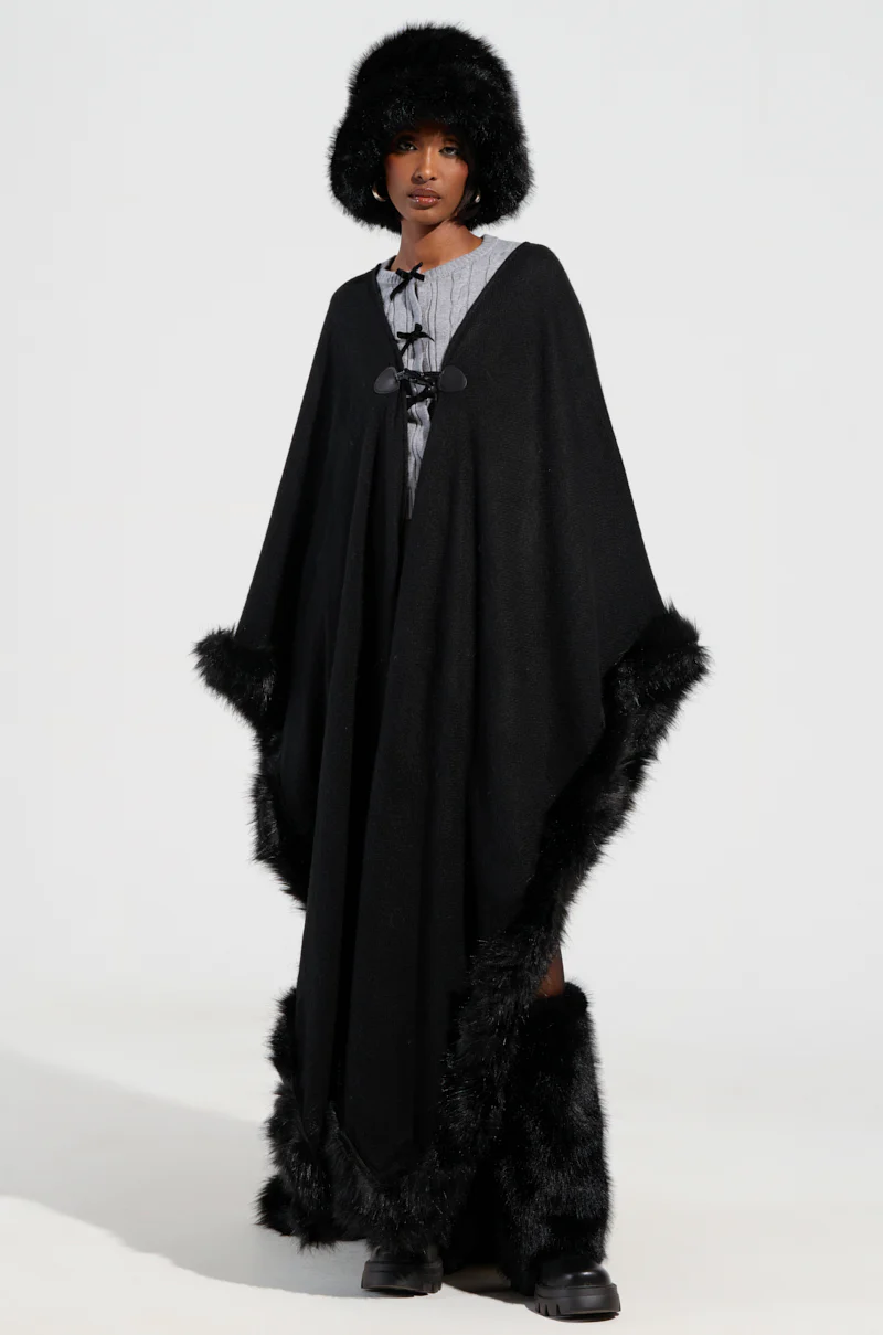 LOVE MY LIFE FAUX FUR TRIM PONCHO