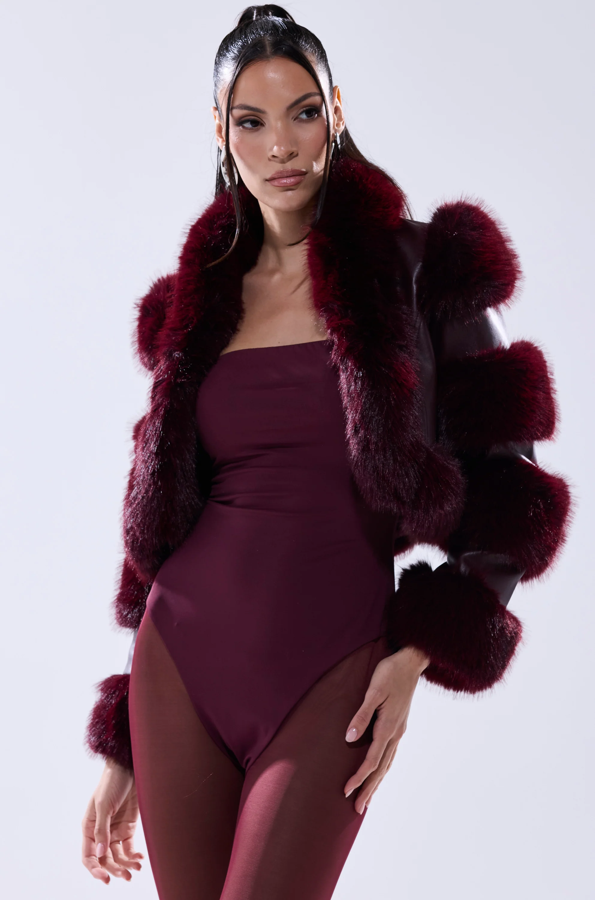 LOVERBOY FAUX FUR MOTO JACKET IN BURGUNDY - Image 2