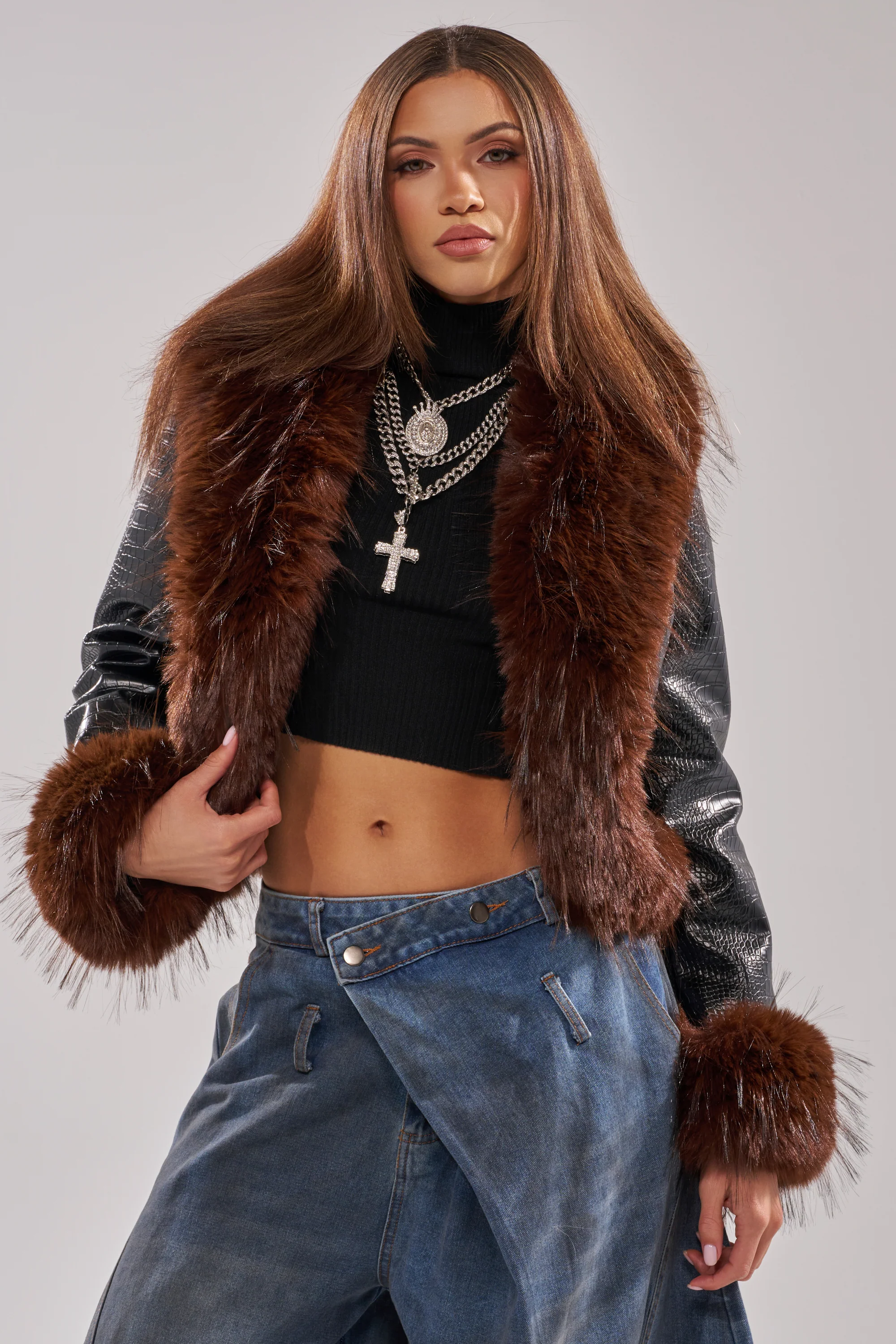 LUNNA FUR TRIM MOTO IN BLACK CROC - Image 4