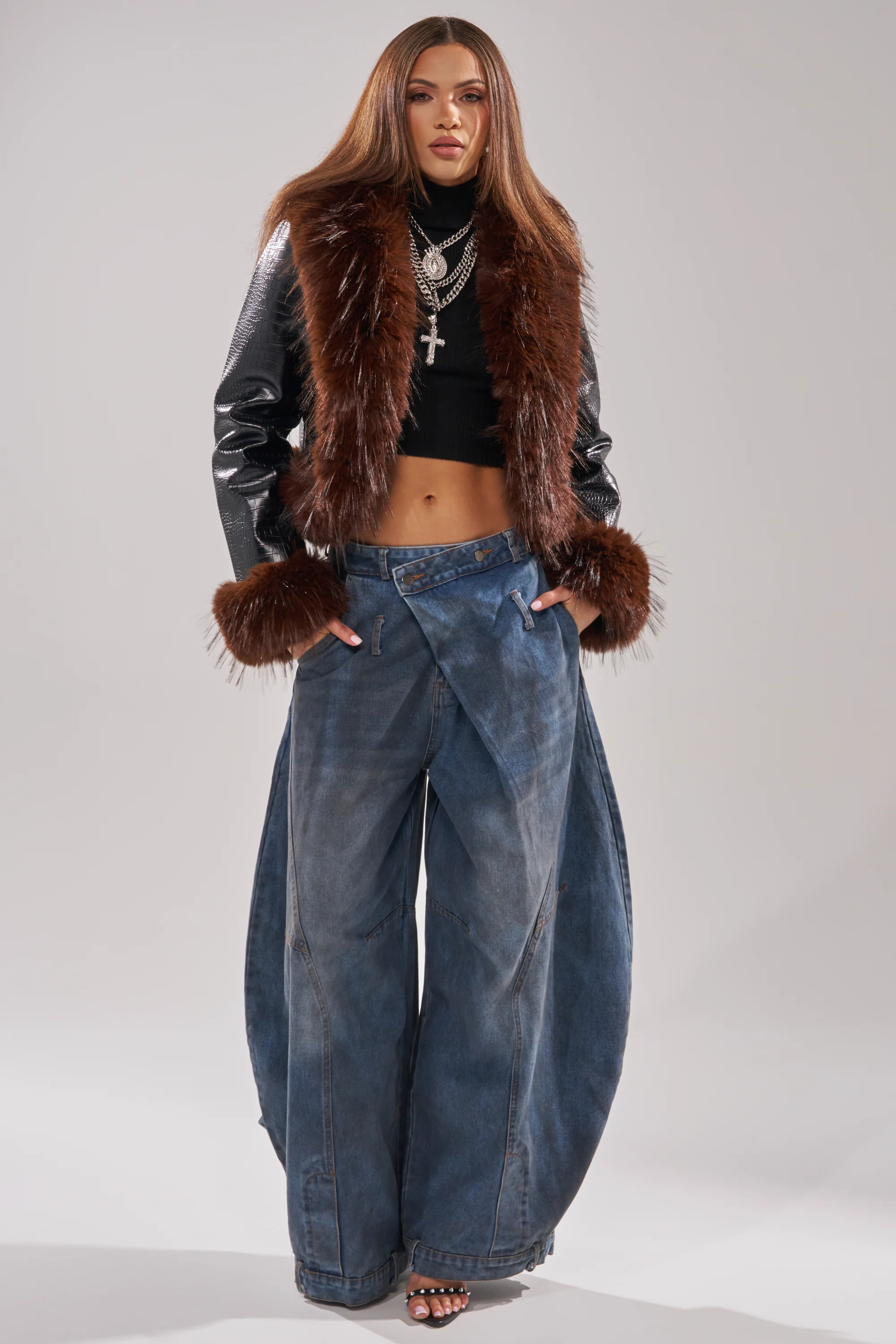 LUNNA FUR TRIM MOTO IN BLACK CROC - Image 8
