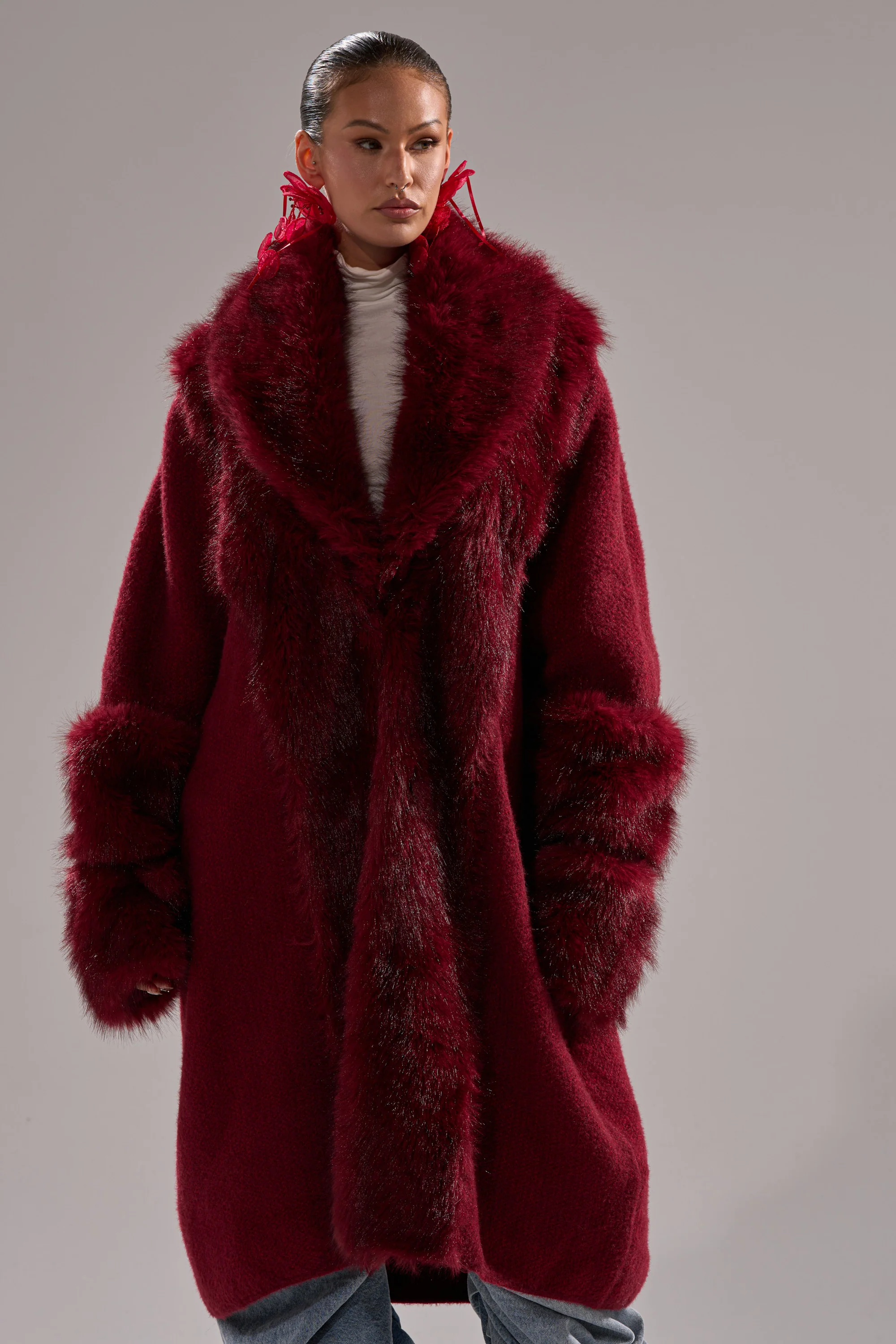 LUXE LIFE FUR CARDIGAN IN BURGUNDY - Image 4