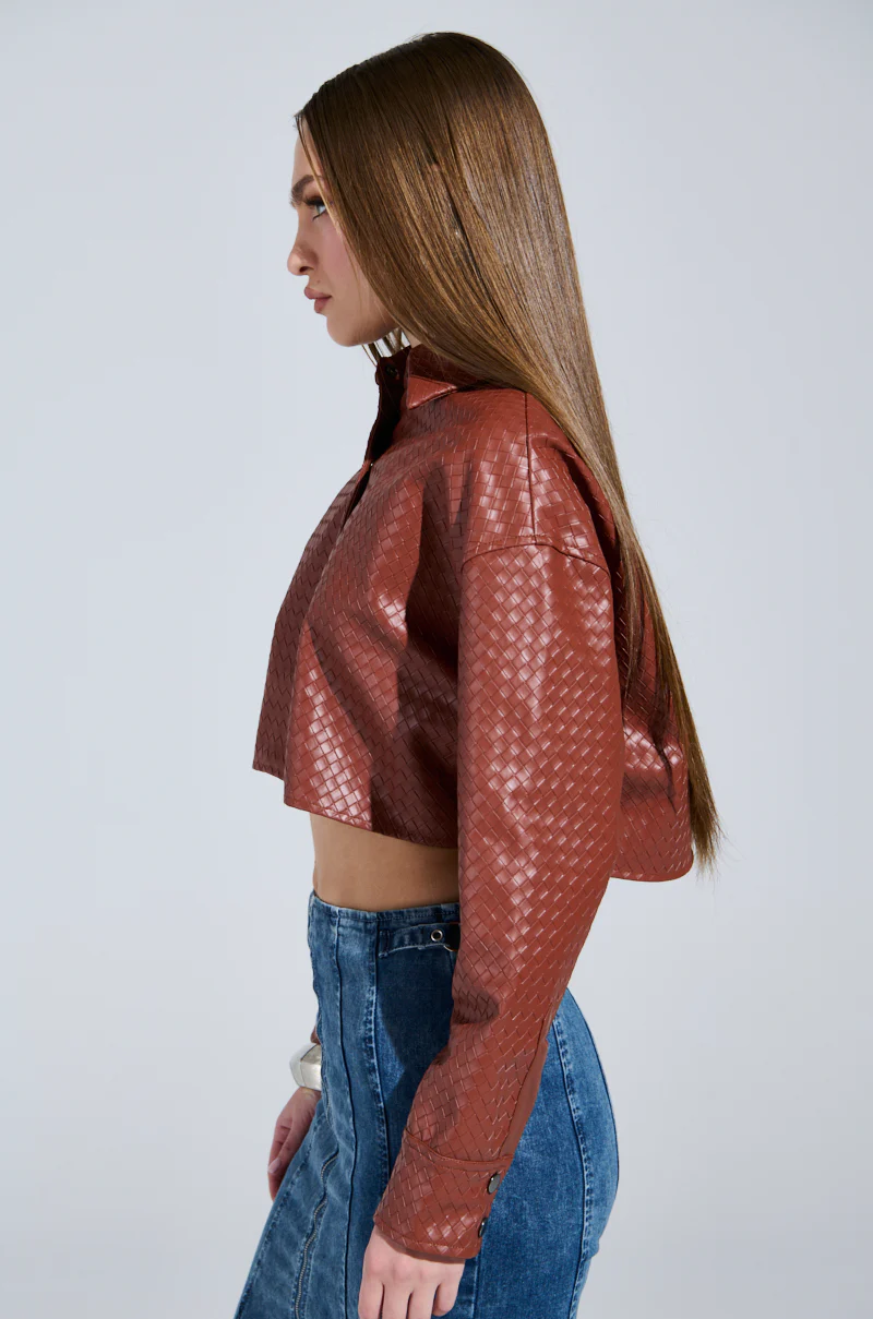 LUXURY GIRL WOVEN PU CROPPED BUTTON UP SHIRT - Image 3