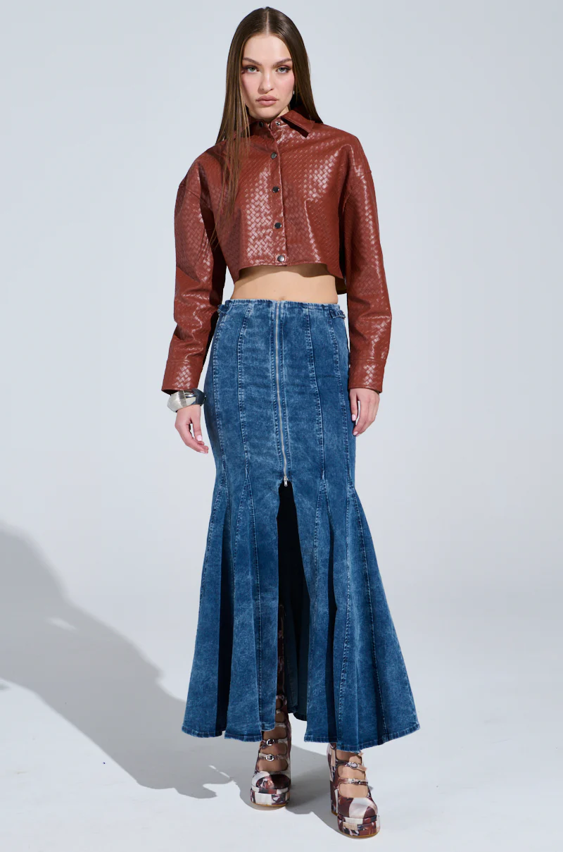 LUXURY GIRL WOVEN PU CROPPED BUTTON UP SHIRT - Image 5