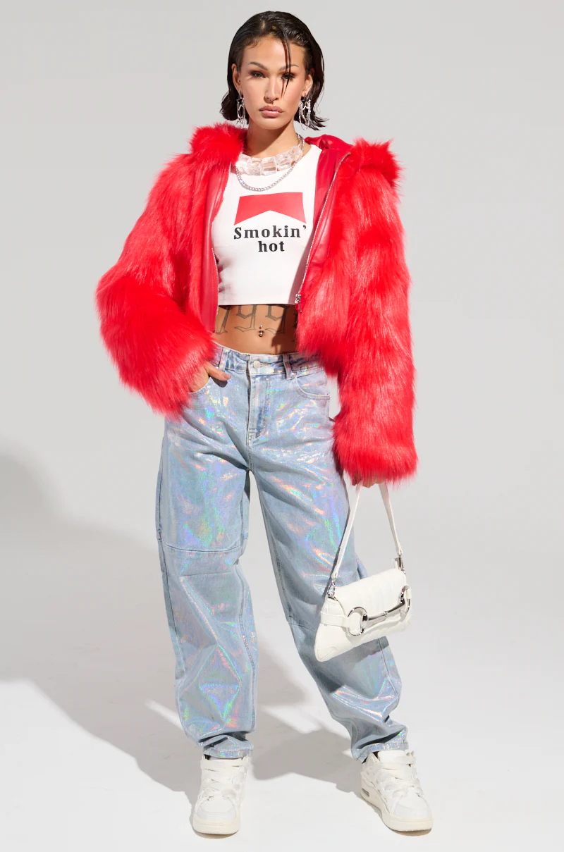 MAEVE HOODED RED FAUX FUR BOMBER - Image 10