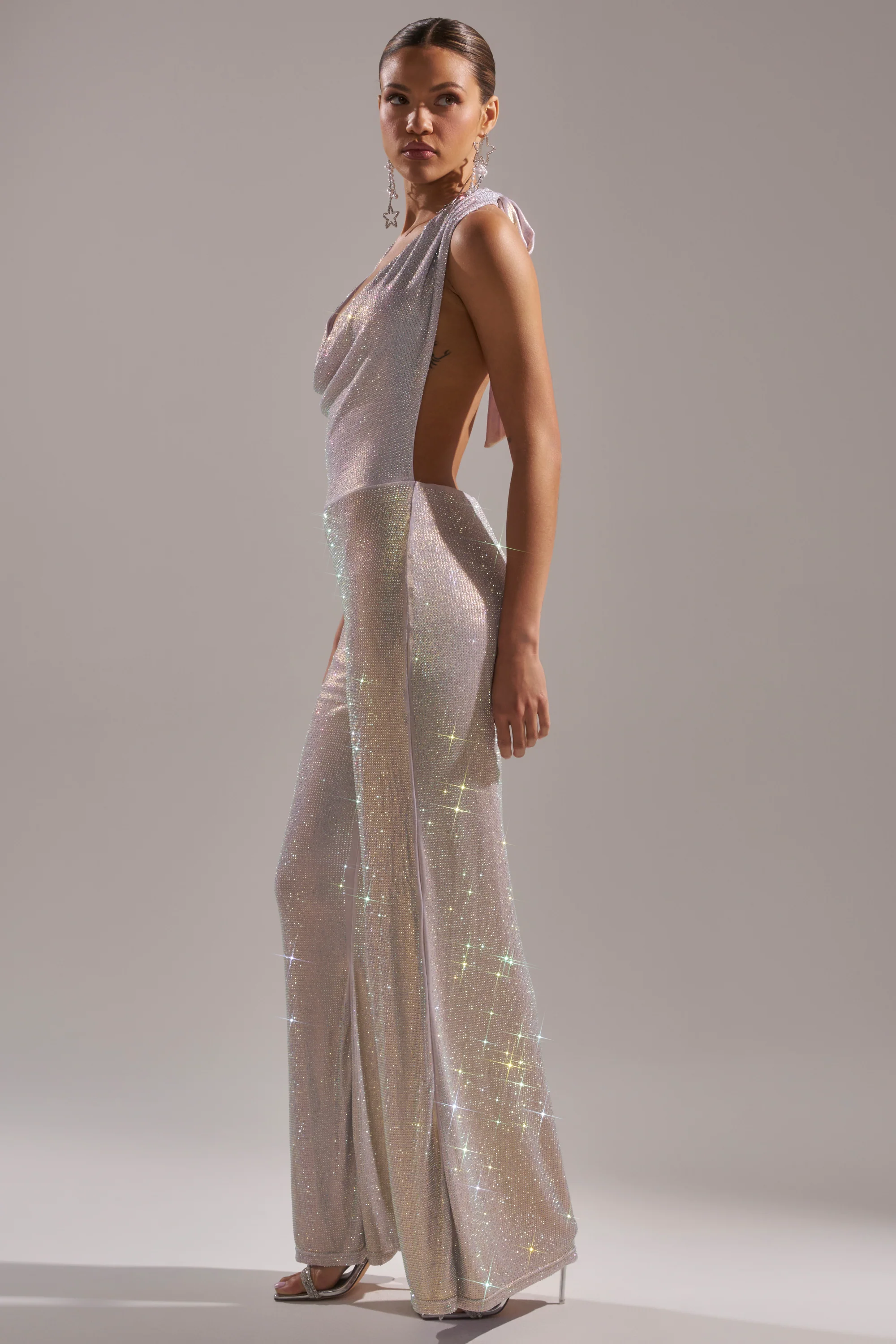 MAKE YOU DO A DOUBLE TAKE RHINESTONE JUMPSUIT IN CHAMPAGNE - Image 5
