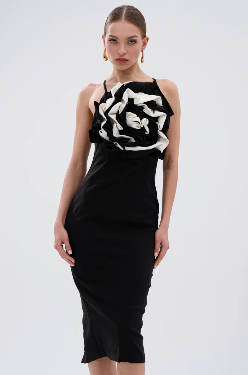 MAYBE SOMEDAY MIDI DRESS WITH FLOWER APPLIQUE