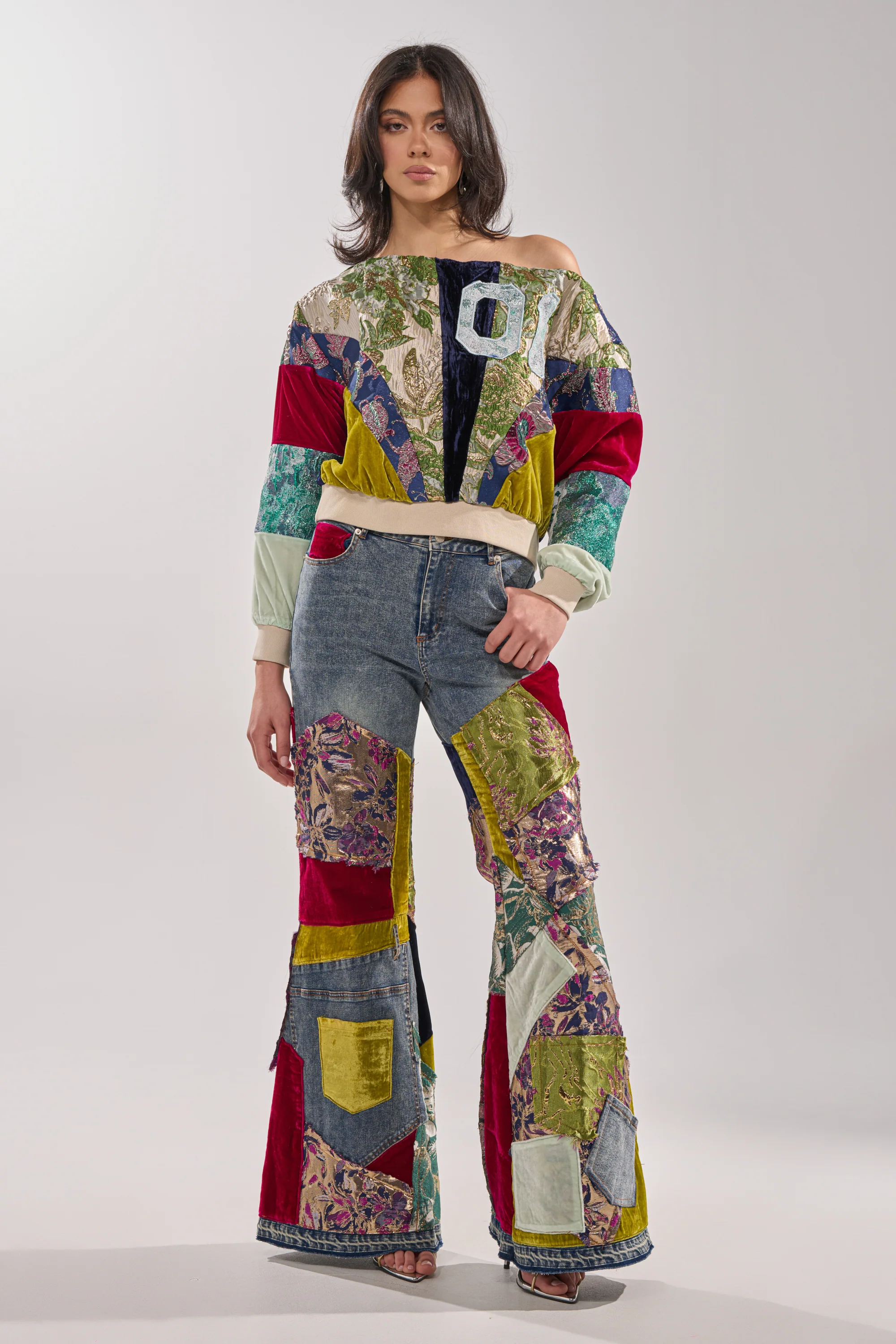 MIXED EMOTIONS BROCADE PATCHWORK FLARE DENIM - Image 2