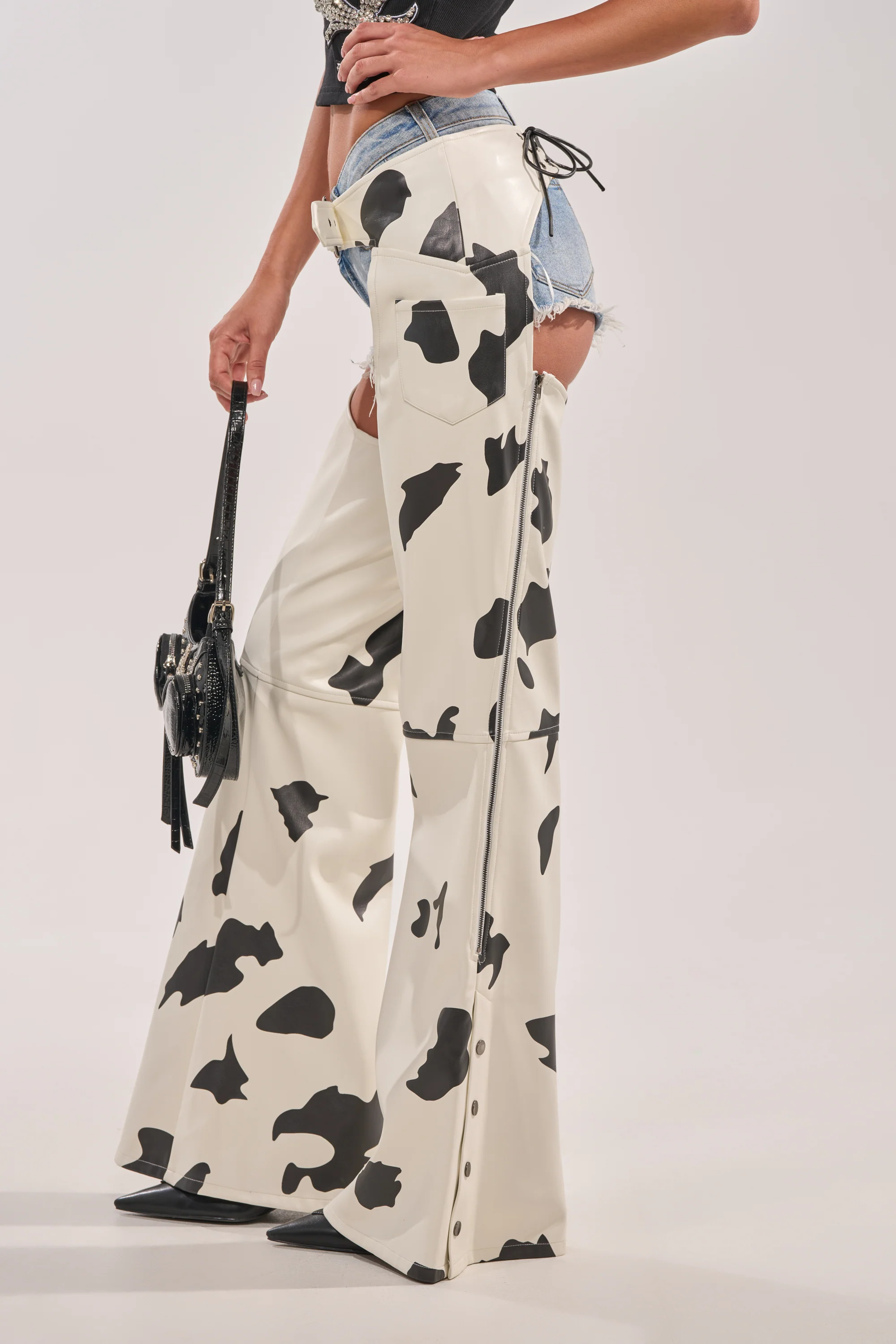 MOO OVER COW PRINT FAUX LEATHER CHAPS - Image 6