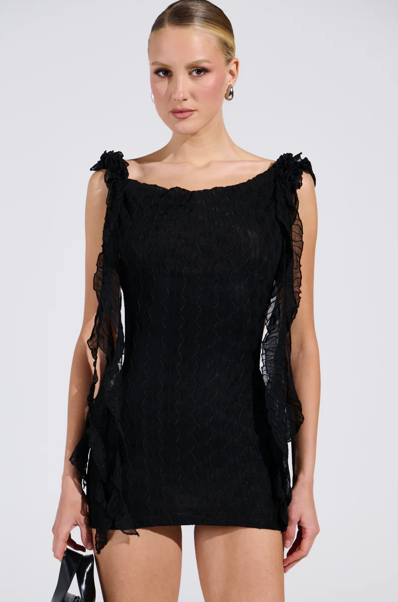 NEVER BASIC RUFFLED MESH MINI DRESS IN BLACK - Image 3