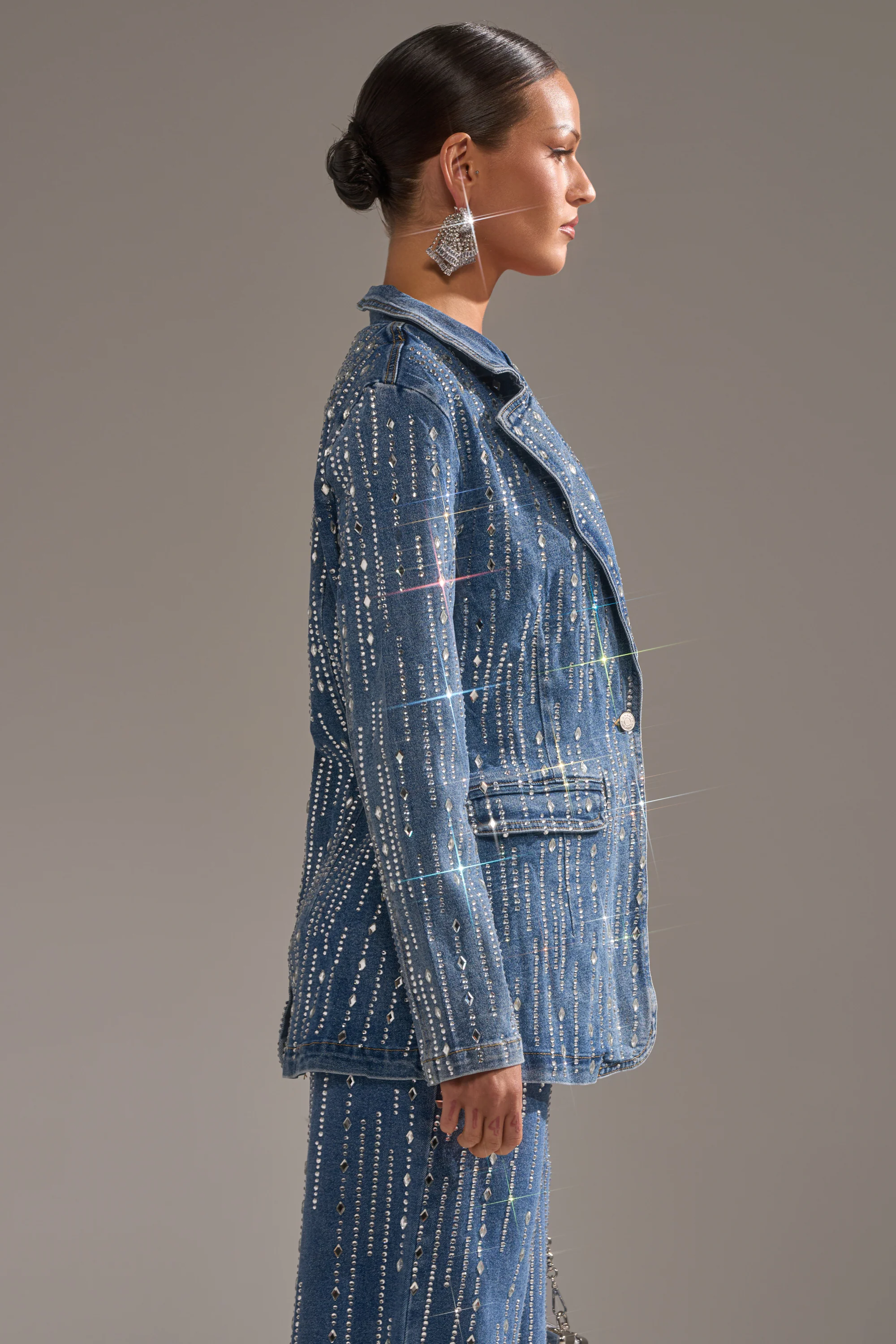 NEVER COME DOWN RHINESTONE DENIM BLAZER - Image 3