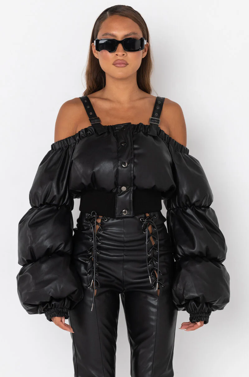 OFF SHOULDER PUFFER PU JACKET - Image 3