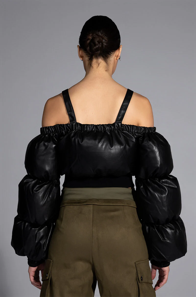 OFF SHOULDER PUFFER PU JACKET - Image 4