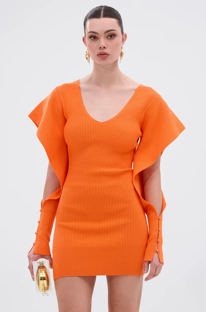 OFF TO BRUNCH KNIT MINI DRESS IN ORANGE