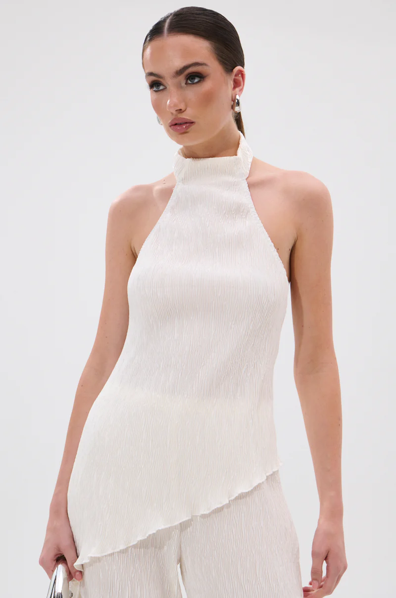 OLIVIA PLISSE HALTER NECK ASYMMETRICAL TOP IN WHITE - Image 2