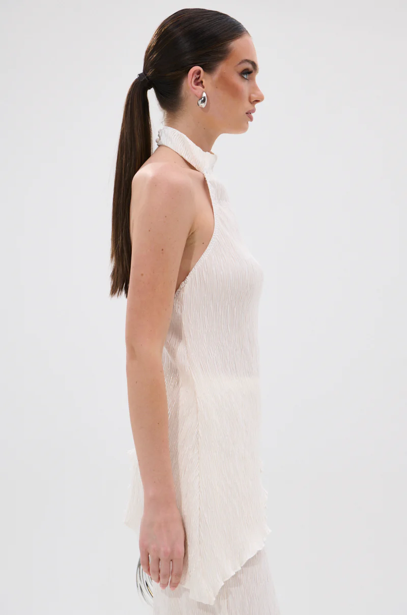 OLIVIA PLISSE HALTER NECK ASYMMETRICAL TOP IN WHITE - Image 4