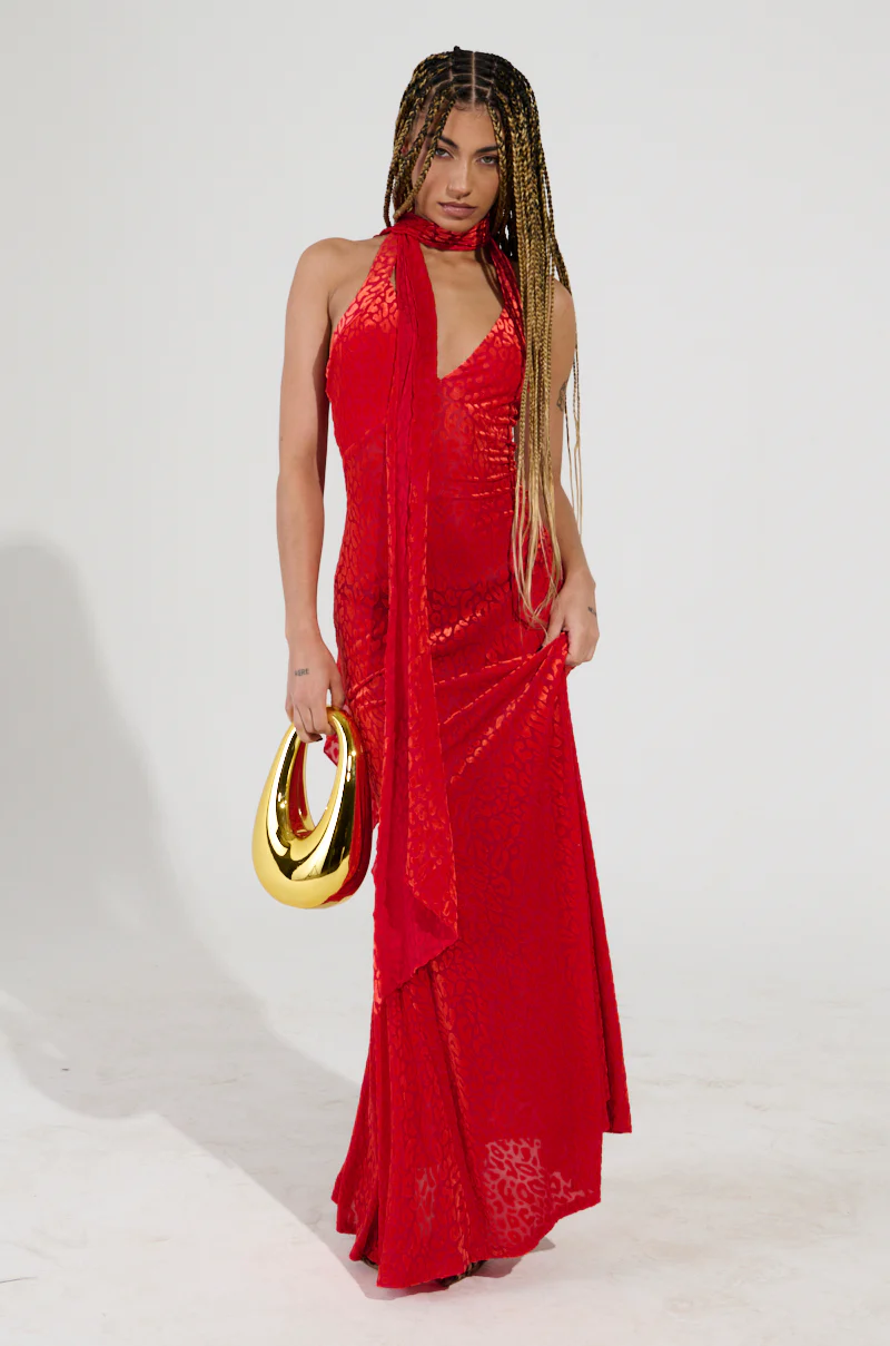 ON HOLIDAY LEOPARD PRINT VELVET MAXI DRESS WITH SCARF IN RED - Image 3