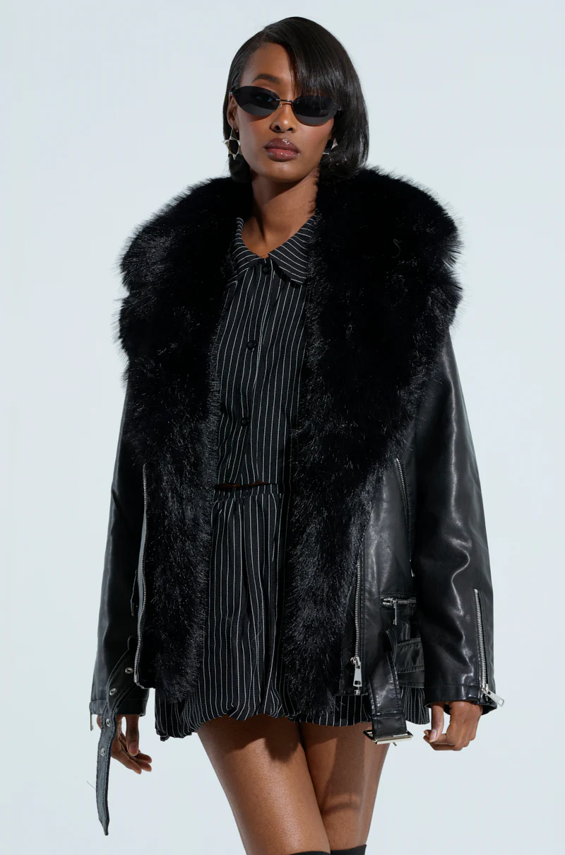 ON THE GO FUR TRIM MOTO IN BLACK - Image 4