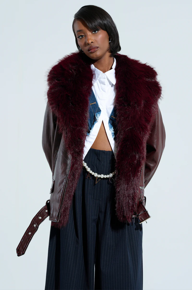 ON THE GO FUR TRIM MOTO IN BURGUNDY - Image 5