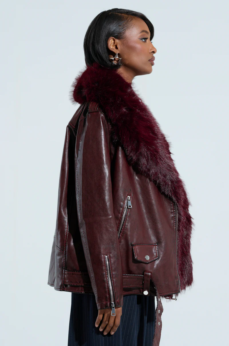 ON THE GO FUR TRIM MOTO IN BURGUNDY - Image 6